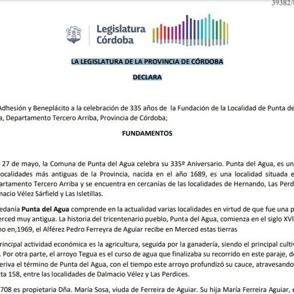LEGISLADOR GUSTAVO BOTTASSO: BENEPLÁCITO EN LA LEGISLATURA POR EL 335º ANIVERSARIO DE PUNTA DEL AGUA LEGISLADOR GUSTAVO BOTTASSO: BENEPLÁCITO EN LA LEGISLATURA POR EL 335º ANIVERSARIO DE PUNTA DEL AGUA