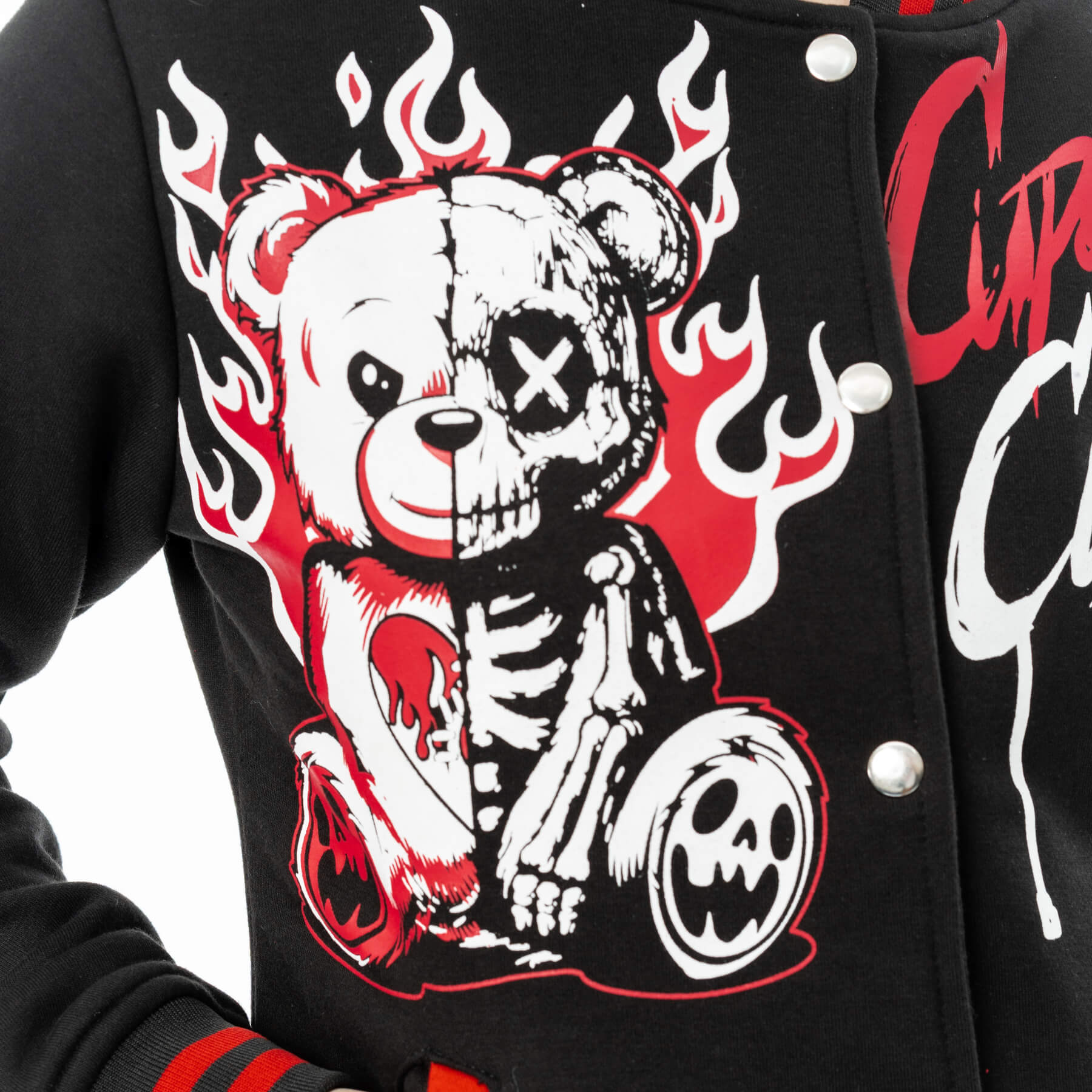 HEARTBREAK BEAR VARSITY JACKET – BLACK/RED