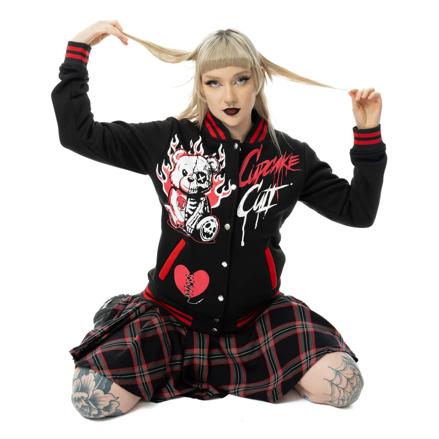 HEARTBREAK BEAR VARSITY JACKET – BLACK/RED