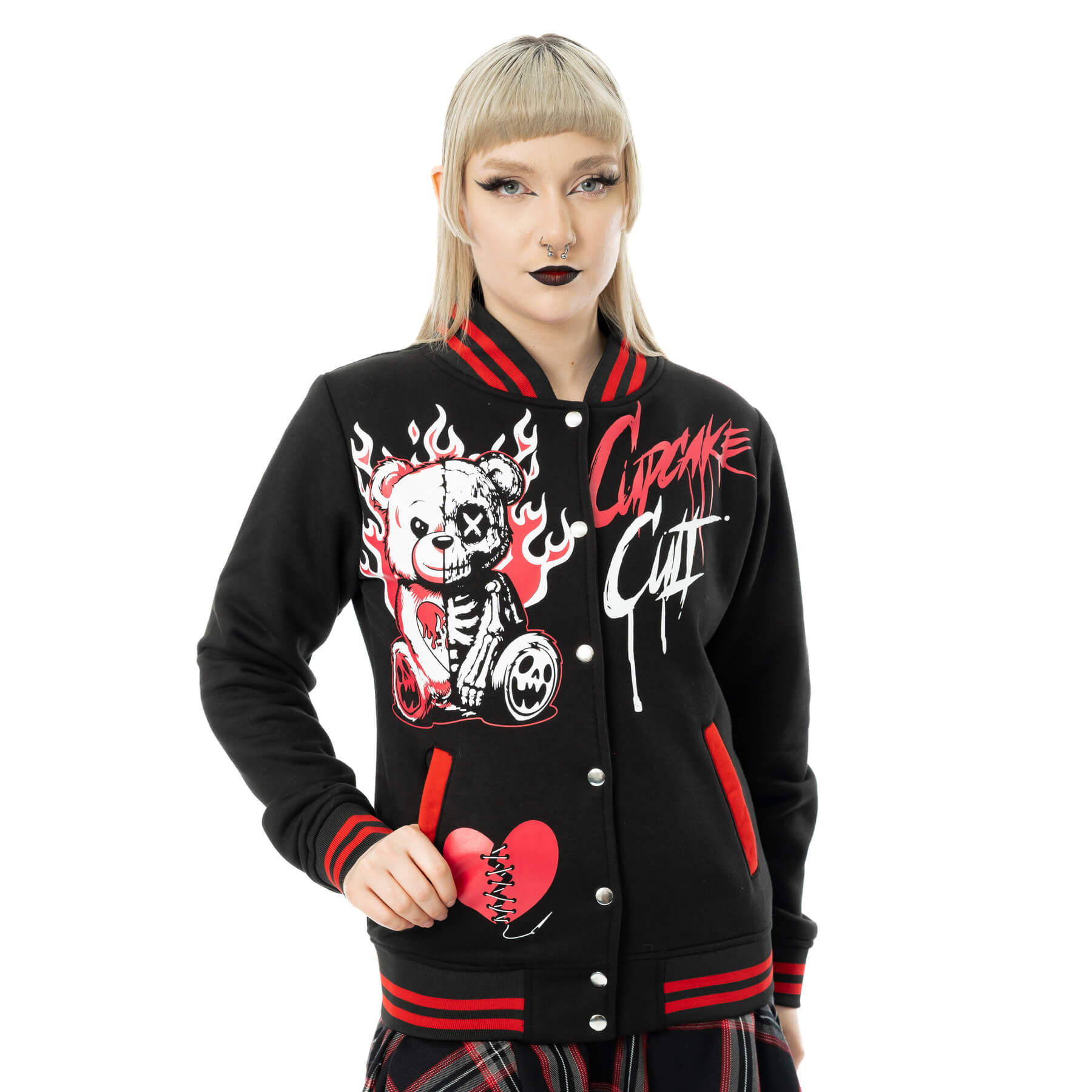 HEARTBREAK BEAR VARSITY JACKET – BLACK/RED