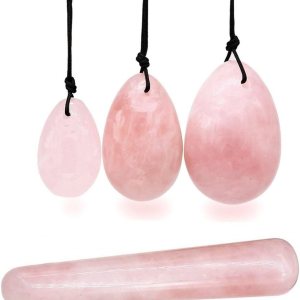 4Pcs Set Jade Yoni Eggs Stick,3 Pcs Drilled Natural Rose Quartz Crystal Jade Eggs Massage Stone + 1 Pcs Massage Stick for Women Kegel Exercise Strengthen Pelvic Floor Muscles