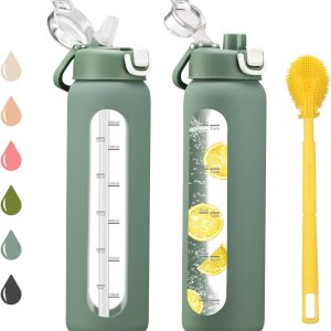 32 oz Glass Water Bottles with 2 Lids-Handle Spout Lid & Straw Lid, 1 Liter Motivational Borosilicate Water Bottle with Time Marker and Silicone Sleeve,Leakproof-Olive-1 Pack