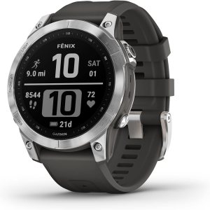 Garmin fenix 7, adventure smartwatch, rugged outdoor watch with GPS, touchscreen, health and wellness features, silver with graphite band – 010-02540-00