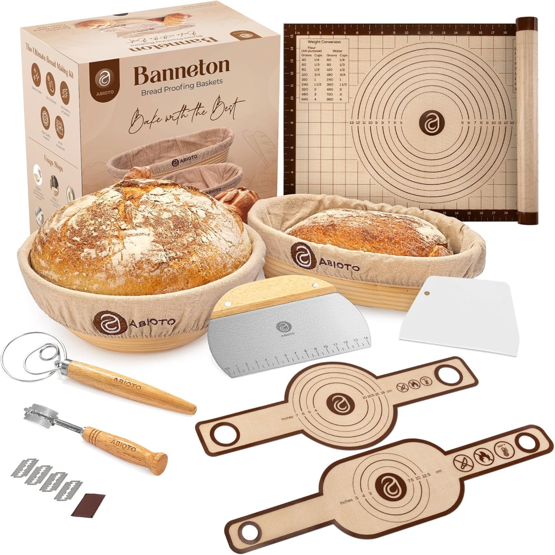 9″ Round and 10″ Oval Banneton Bread Proofing Baskets and Sourdough Bread Baking Supplies, A Complete Sourdough Kit with Bread Lame, Danish Whish, Bowl & Dough Scraper, 2 Bread Slings, and Baking Mat 9″ Round and 10″ Oval Banneton Bread Proofing Baskets and Sourdough Bread Baking Supplies, A Complete Sourdough Kit with Bread Lame, Danish Whish, Bowl & Dough Scraper, 2 Bread Slings, and Baking Mat
