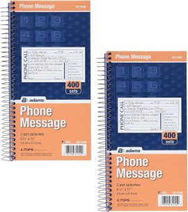 Adams Phone Message Book, 5.25 x 11 Inch, Spiral Bound, 2-Part, Carbonless, 4 Messages per Page, 400 Sets, 2-Pack, White and Canary (S1154-2D) Adams Phone Message Book, 5.25 x 11 Inch, Spiral Bound, 2-Part, Carbonless, 4 Messages per Page, 400 Sets, 2-Pack, White and Canary (S1154-2D)