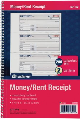 Adams Money and Rent Receipt Book, 2-Part Carbonless, 7-5/8″ x 11″, Spiral Bound, 200 Sets per Book, 4 Receipts per Page (SC1182), White/Canary Adams Money and Rent Receipt Book, 2-Part Carbonless, 7-5/8″ x 11″, Spiral Bound, 200 Sets per Book, 4 Receipts per Page (SC1182), White/Canary