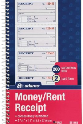 Adams Money and Rent Receipt Book, 2-Part Carbonless, 5-1/4″ x 11″, Spiral Bound, 200 Sets per Book, 4 Receipts per Page (SC1152) Adams Money and Rent Receipt Book, 2-Part Carbonless, 5-1/4″ x 11″, Spiral Bound, 200 Sets per Book, 4 Receipts per Page (SC1152)