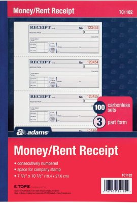 Adams Money and Rent Receipt Book, 3-Part, Carbonless, White/Canary/Pink, 7-5/8″ x 10-7/8″, Bound Wraparound Cover, 100 Sets per Book, 4 Receipts per Page (TC1182) Adams Money and Rent Receipt Book, 3-Part, Carbonless, White/Canary/Pink, 7-5/8″ x 10-7/8″, Bound Wraparound Cover, 100 Sets per Book, 4 Receipts per Page (TC1182)