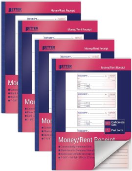Better Office Products Cash Money and Rent Receipt Books, 4 Pack, Large Size, 2-Part Carbonless (White/Canary Yellow), 7-5/8 x 10-7/8 inches, 4 Sets per Page, 200 Sets per Book (800 Total Sets) Better Office Products Cash Money and Rent Receipt Books, 4 Pack, Large Size, 2-Part Carbonless (White/Canary Yellow), 7-5/8 x 10-7/8 inches, 4 Sets per Page, 200 Sets per Book (800 Total Sets)