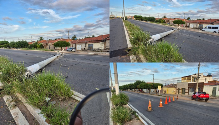 Trânsito sofre desvio na BA-210, altura do bairro Tabuleiro: Poste caído na pista Trânsito sofre desvio na BA-210, altura do bairro Tabuleiro: Poste caído na pista
