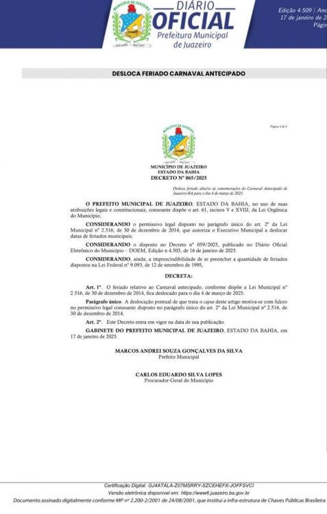 Prefeitura Municipal de Juazeiro divulga calendário de feriados Prefeitura Municipal de Juazeiro divulga calendário de feriados