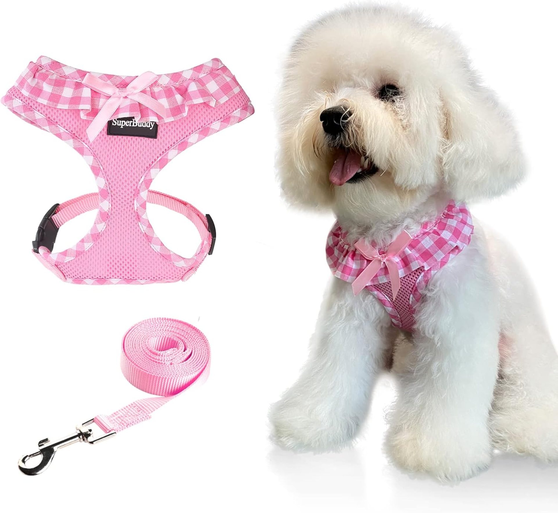 SuperBuddy Upgraded Soft Mesh Dog Harness, Super Breathable Lightweight Pet Harnesses for Puppy Dogs Outdoor Walking, Pink Dog Harness and Dog Leash Set Packing -Medium SuperBuddy Upgraded Soft Mesh Dog Harness, Super Breathable Lightweight Pet Harnesses for Puppy Dogs Outdoor Walking, Pink Dog Harness and Dog Leash Set Packing -Medium