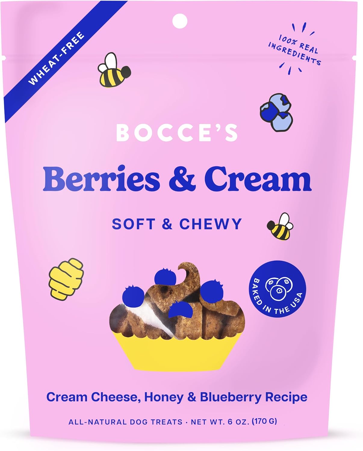 Bocce’s Bakery ‘Berries & Cream Treats for Dogs, Wheat-Free Everyday Dog Treats, Made with Real Ingredients, Baked in The USA, All-Natural Soft & Chewy Cookies, Cream Cheese & Blueberry, 6 oz Bocce’s Bakery ‘Berries & Cream Treats for Dogs, Wheat-Free Everyday Dog Treats, Made with Real Ingredients, Baked in The USA, All-Natural Soft & Chewy Cookies, Cream Cheese & Blueberry, 6 oz