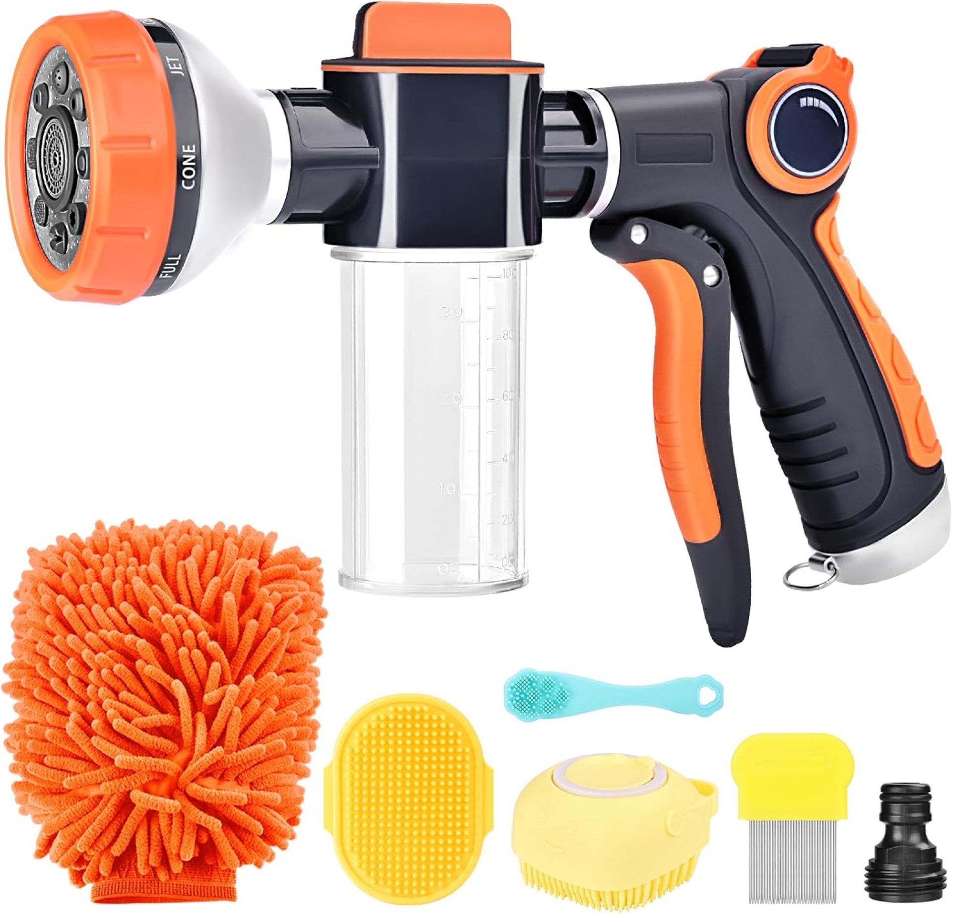 Dog Washing Hose Attachment, 8 Way Spray Pattern Garden Hose Nozzle with Soap Dispenser, Dog Wash Supplies with 2 type Dog Bath Brush, Dog Comb and Toothbursh, Car Washing Mitt Dog Washing Hose Attachment, 8 Way Spray Pattern Garden Hose Nozzle with Soap Dispenser, Dog Wash Supplies with 2 type Dog Bath Brush, Dog Comb and Toothbursh, Car Washing Mitt
