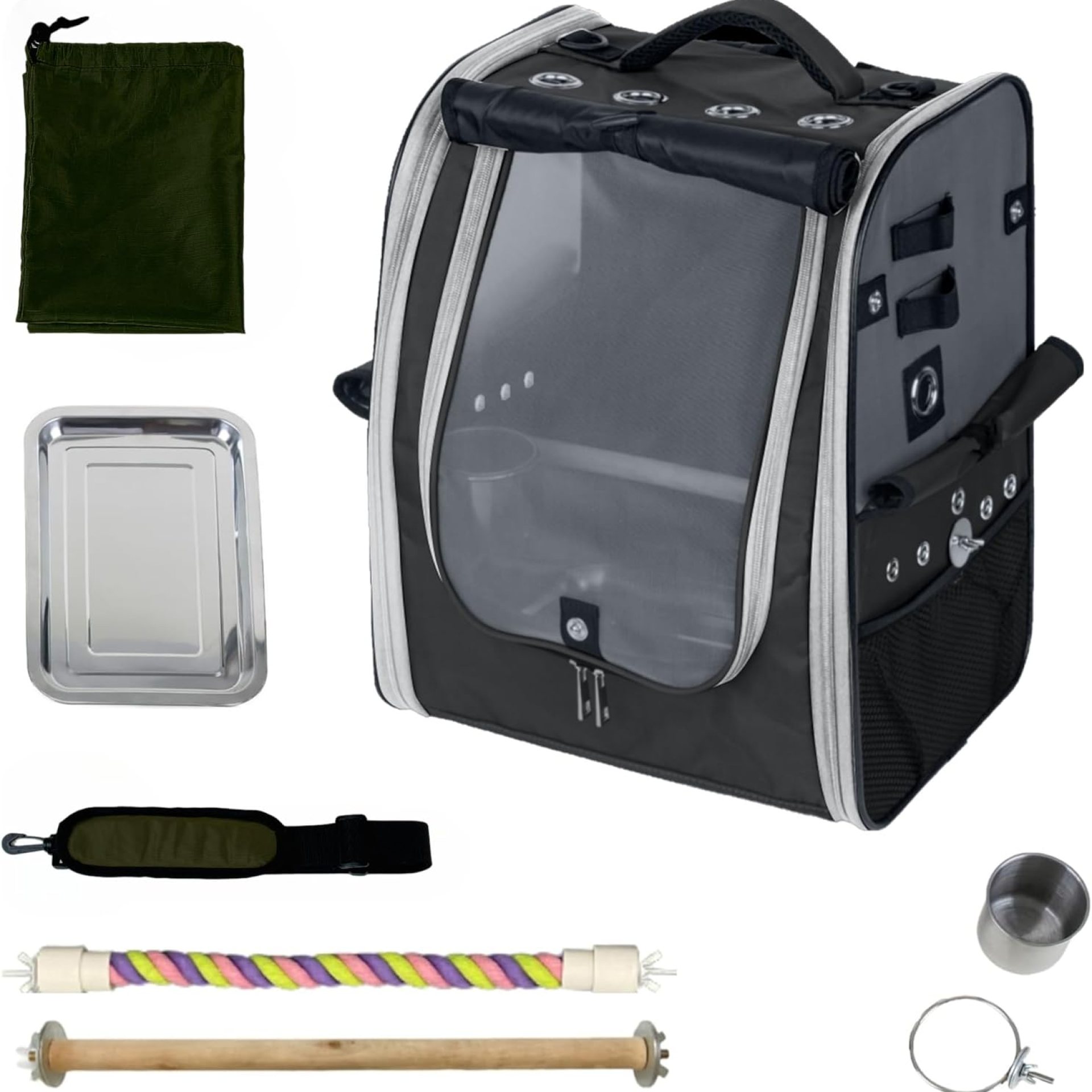 Bird Carrier Backpack-Parrot Travel Cage with 2PCS Perch and Food Bowl, Stainless Steel Tray (Charcoal Gray, Small to Medium Birds) Bird Carrier Backpack-Parrot Travel Cage with 2PCS Perch and Food Bowl, Stainless Steel Tray (Charcoal Gray, Small to Medium Birds)