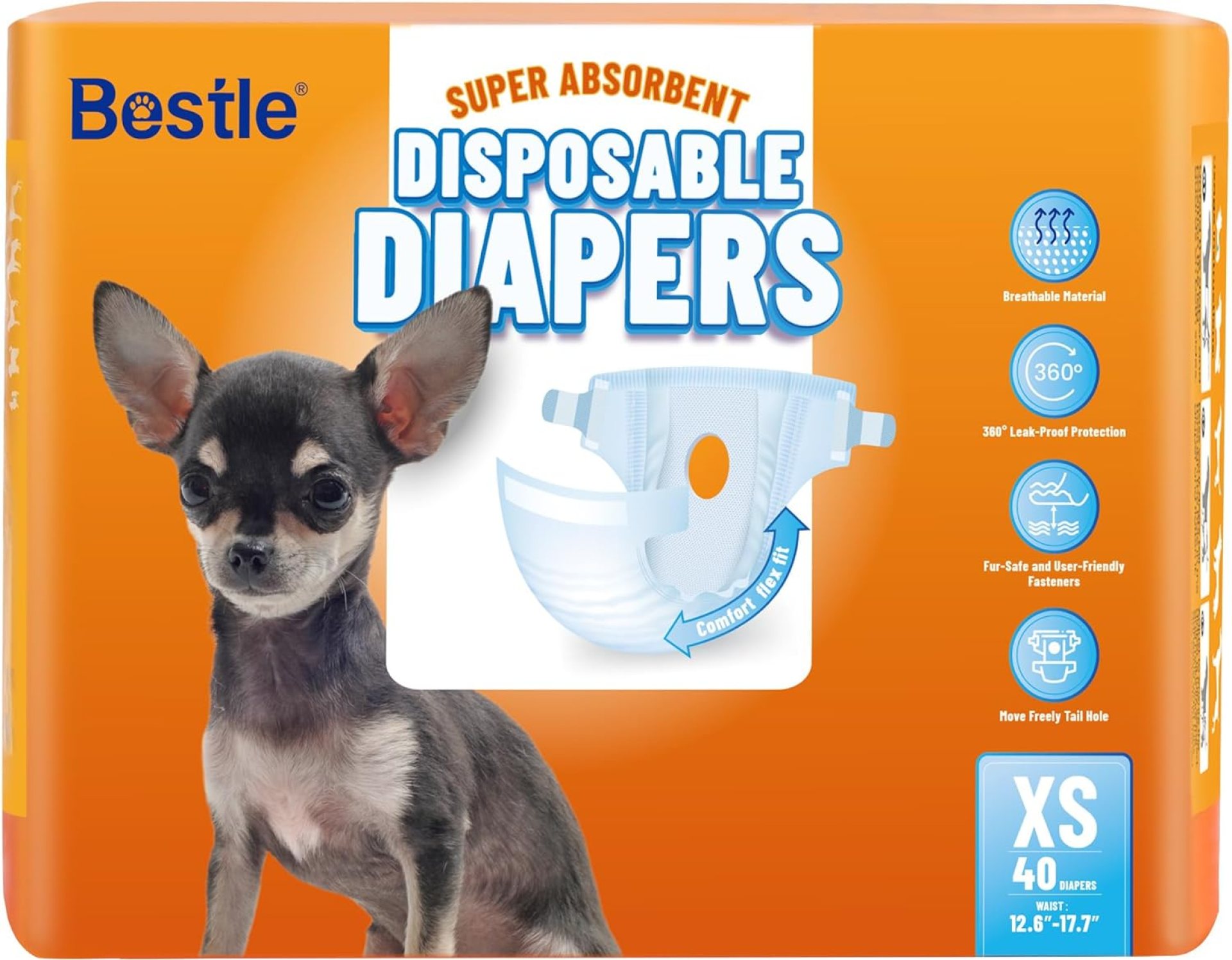 Disposable Female Dog Diapers, 40 Count, XS (Waist 12.6”-16.9”), Wetness Indicator, Ultra Protection, Leak Proof, Super Absorbent, Soft Disposable Female Dog Diapers, 40 Count, XS (Waist 12.6”-16.9”), Wetness Indicator, Ultra Protection, Leak Proof, Super Absorbent, Soft