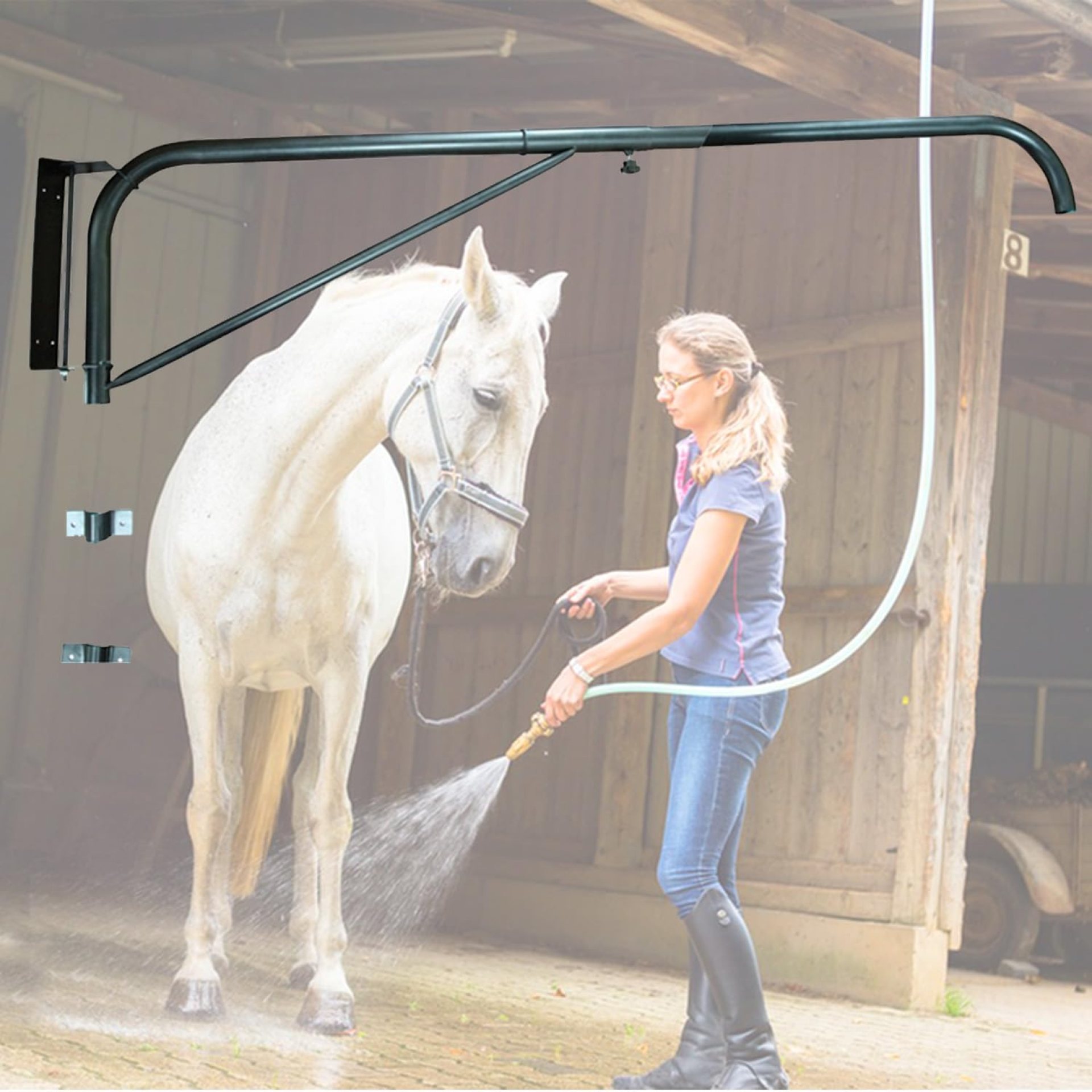 Swinging arm Horse Wash Attachment – Wall-mounted Spray Boom Preventing Tangling and Trampling While Washing Your Horse. Hose Not Included, Fits Standard Garden Hose Swinging arm Horse Wash Attachment – Wall-mounted Spray Boom Preventing Tangling and Trampling While Washing Your Horse. Hose Not Included, Fits Standard Garden Hose