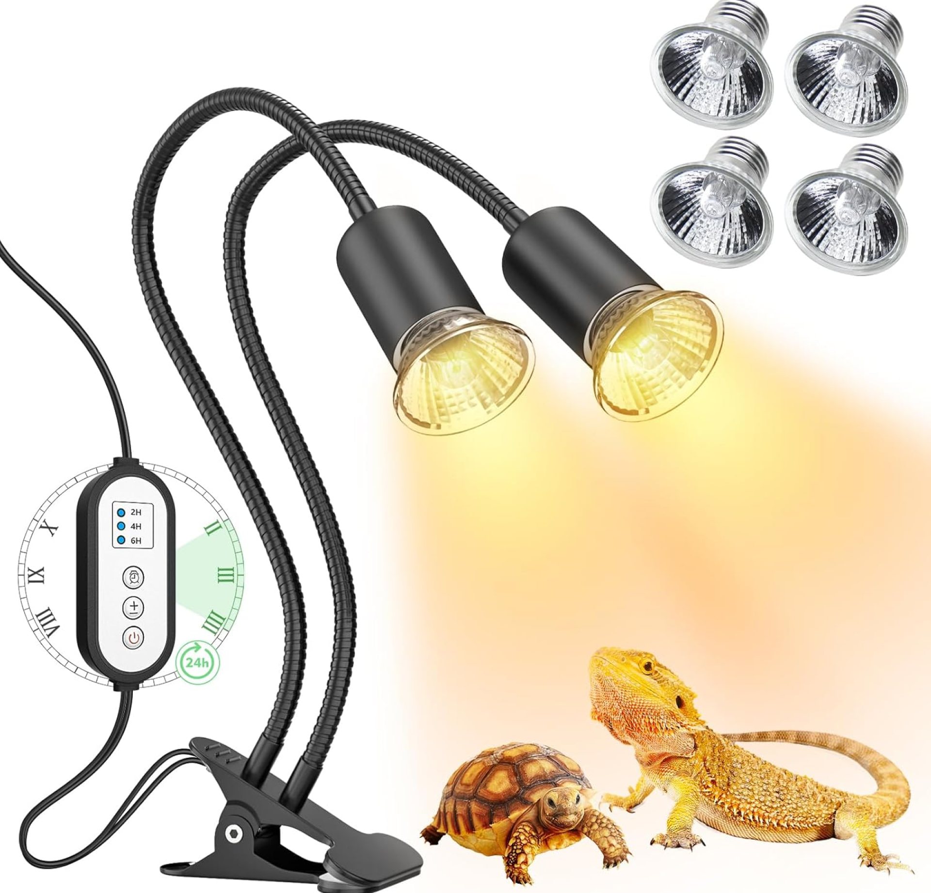 Reptile Heat Lamp, Dual-Head UVA/B Reptile Light with Cycle Timer, Basking Light for Reptile Turtle Bearded Dragon Lizards Snake, E26/27 Base with 4 Bulbs (2PCS 25W and 2PCS 50W) Reptile Heat Lamp, Dual-Head UVA/B Reptile Light with Cycle Timer, Basking Light for Reptile Turtle Bearded Dragon Lizards Snake, E26/27 Base with 4 Bulbs (2PCS 25W and 2PCS 50W)