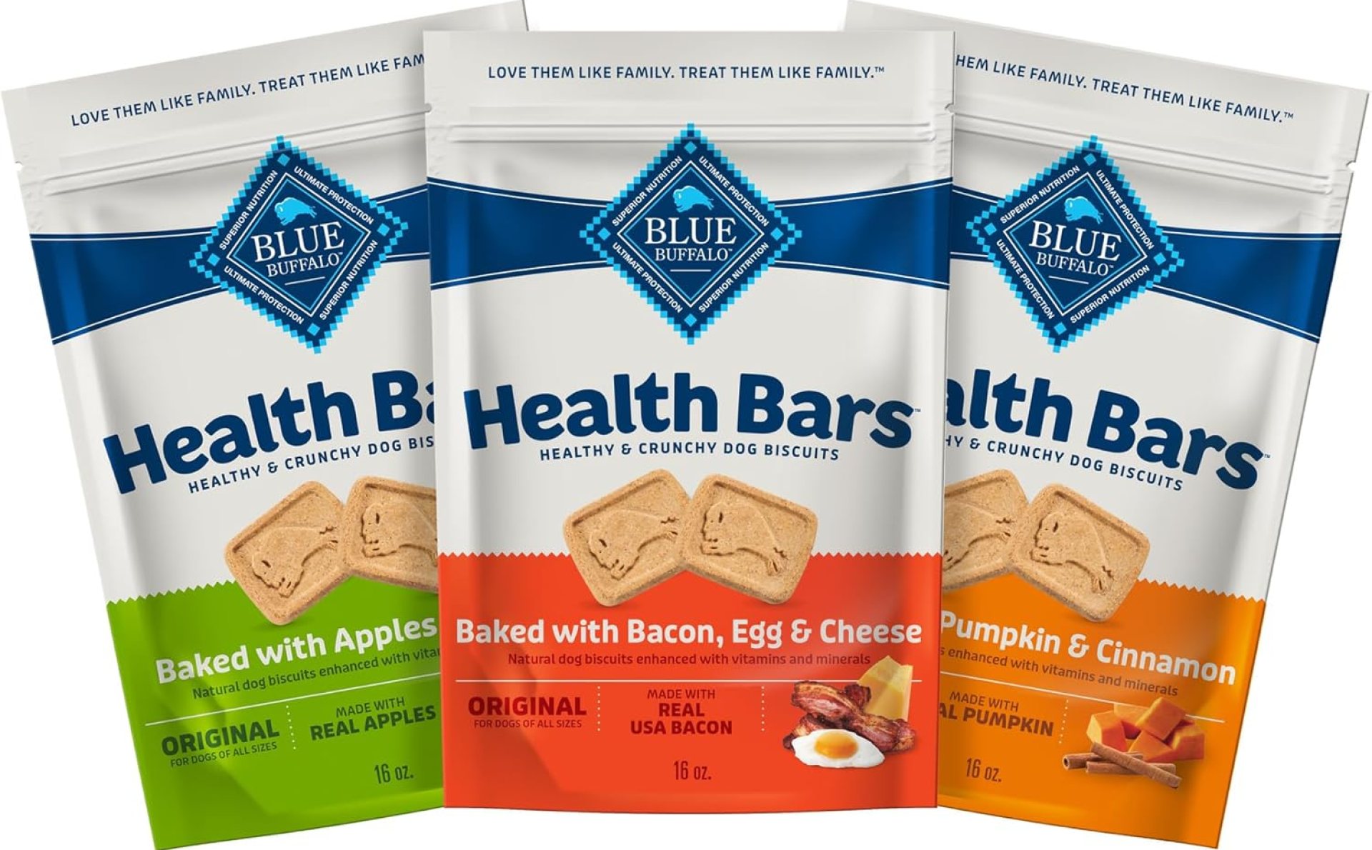 Blue Buffalo Health Bars Crunchy Dog Biscuits, Variety Pack, Bacon, Egg & Cheese, Apple & Yogurt, Pumpkin & Cinnamon, 16-oz Bags Blue Buffalo Health Bars Crunchy Dog Biscuits, Variety Pack, Bacon, Egg & Cheese, Apple & Yogurt, Pumpkin & Cinnamon, 16-oz Bags