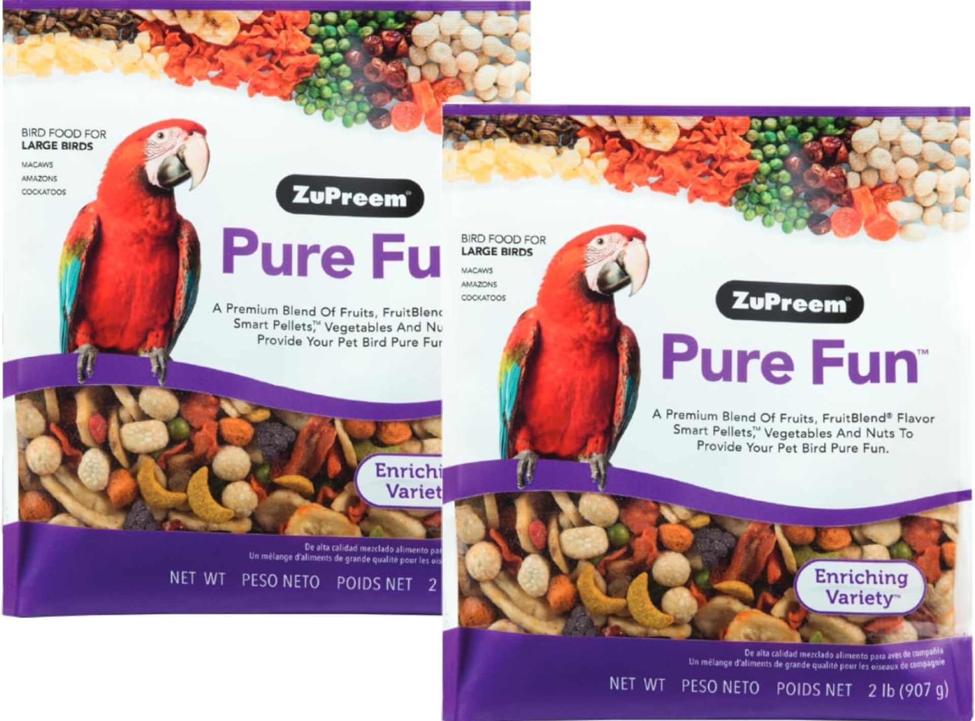 ZuPreem Pure Fun Bird Food for Large Birds, 2 lb (Pack of 2) – Variety Blend of Fruit, FruitBlend Pellets, Vegetables, Nuts for Amazons, Macaws, Cockatoos ZuPreem Pure Fun Bird Food for Large Birds, 2 lb (Pack of 2) – Variety Blend of Fruit, FruitBlend Pellets, Vegetables, Nuts for Amazons, Macaws, Cockatoos