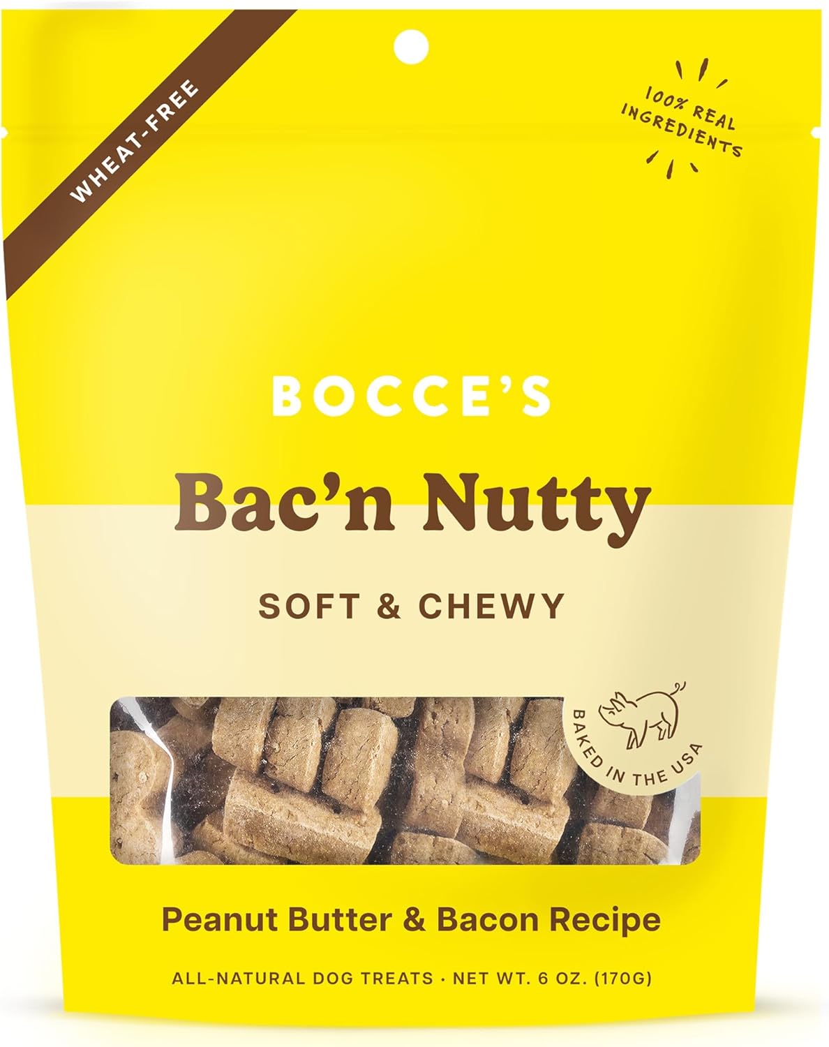 Bocce’s Bakery Bac’n Nutty Soft & Chewy Dog Treats, Wheat-Free PB & Bacon Flavored All Natural Limited Ingredient Oven Baked Cookies for Dogs, 6 oz Bag Bocce’s Bakery Bac’n Nutty Soft & Chewy Dog Treats, Wheat-Free PB & Bacon Flavored All Natural Limited Ingredient Oven Baked Cookies for Dogs, 6 oz Bag