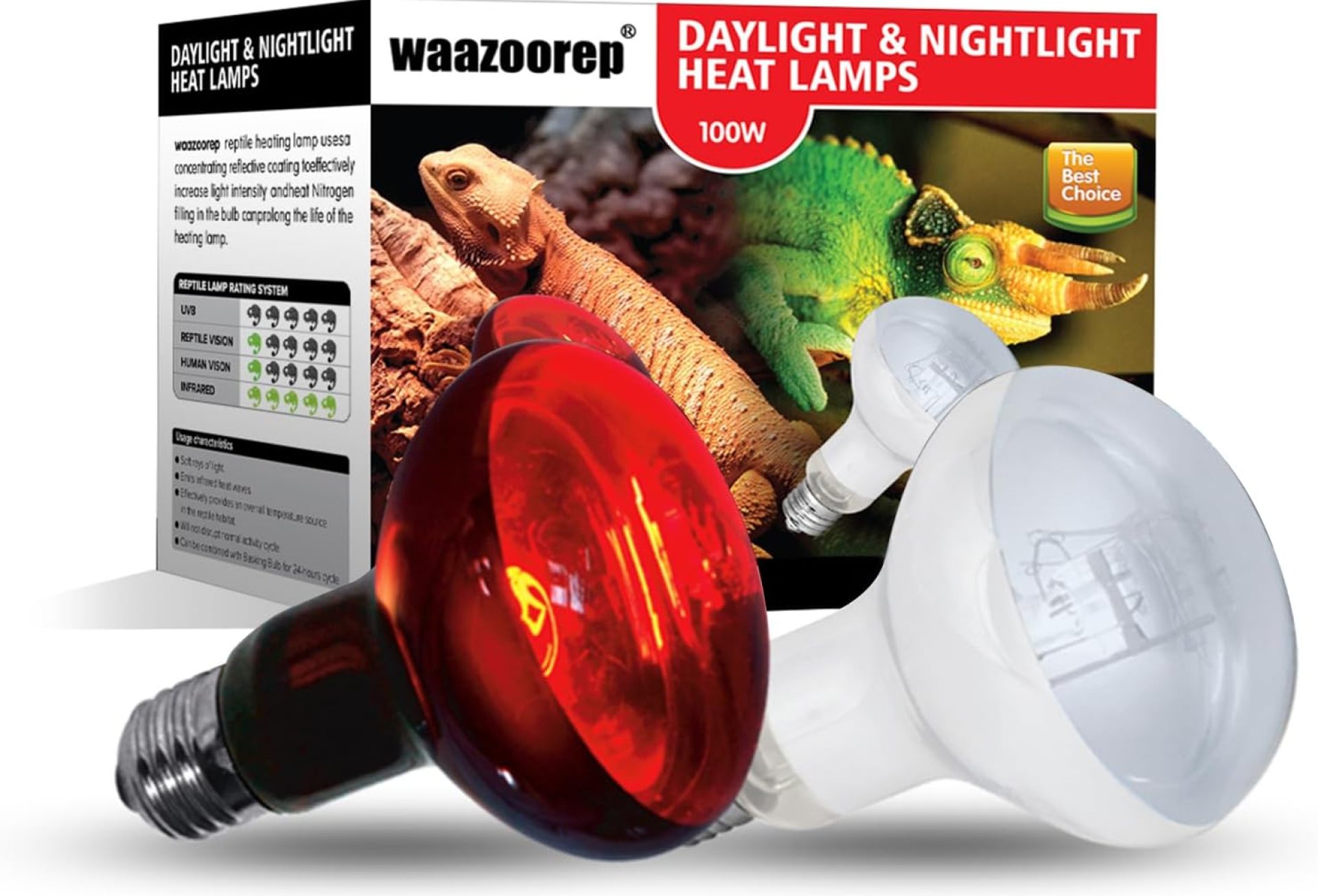 Reptile Heat Lamp Bulbs 100W 2 Pack,Reptile Day and Night Infrared Basking Spot Heating Light Combo,UVA Heat Lamp Bulb for Reptile and Amphibians,Bearded Dragon, Lizard, Turtle Reptile Heat Lamp Bulbs 100W 2 Pack,Reptile Day and Night Infrared Basking Spot Heating Light Combo,UVA Heat Lamp Bulb for Reptile and Amphibians,Bearded Dragon, Lizard, Turtle