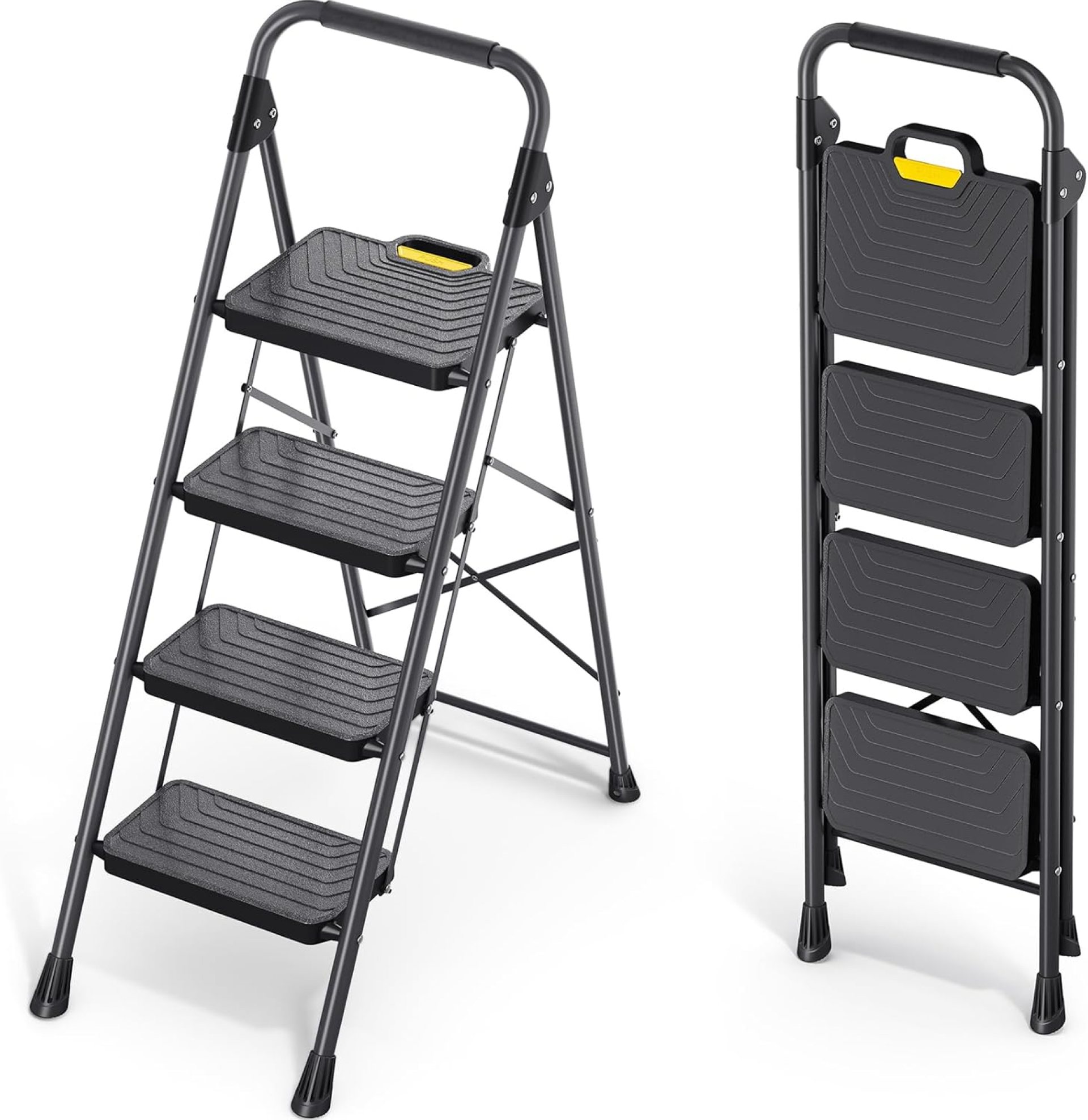 KINGRACK 4 Step Ladder, Sturdy Steel Step Stool with Anti-Slip Wide Pedals, Handrail, Safe-Lock Design, Pass 800lbs Load Testing, Folding Portable Ladder for Multi-Purpose, Home, Kitchen, Black KINGRACK 4 Step Ladder, Sturdy Steel Step Stool with Anti-Slip Wide Pedals, Handrail, Safe-Lock Design, Pass 800lbs Load Testing, Folding Portable Ladder for Multi-Purpose, Home, Kitchen, Black