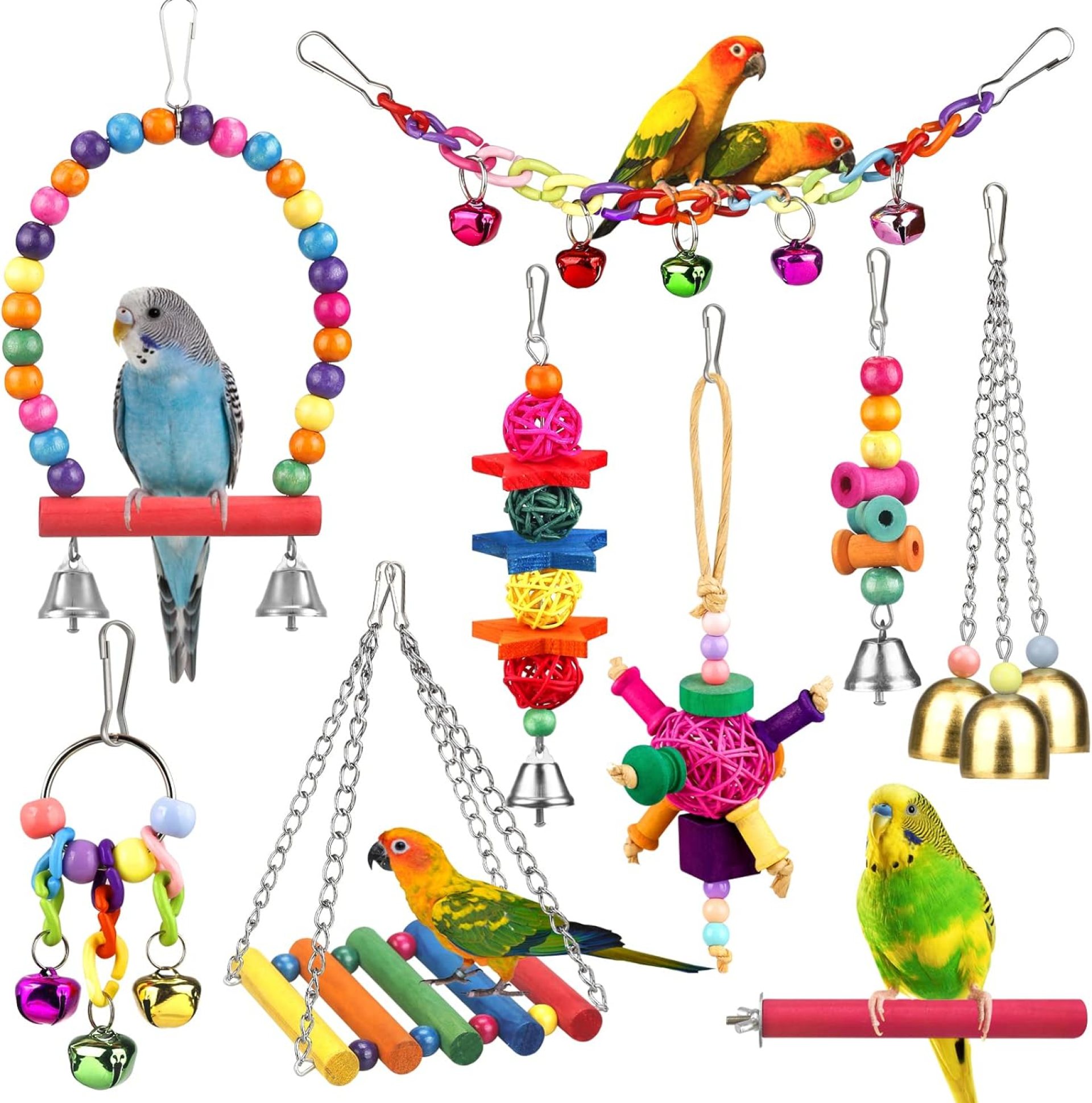 Bird Toys for Conures with Colorful Ladder Hammock Bird Cage Accerious Bird Perch Stand Chewing Toys Hanging Bell for Parrot Parakeet Cockatiel Lovebirds Bird Toys for Conures with Colorful Ladder Hammock Bird Cage Accerious Bird Perch Stand Chewing Toys Hanging Bell for Parrot Parakeet Cockatiel Lovebirds