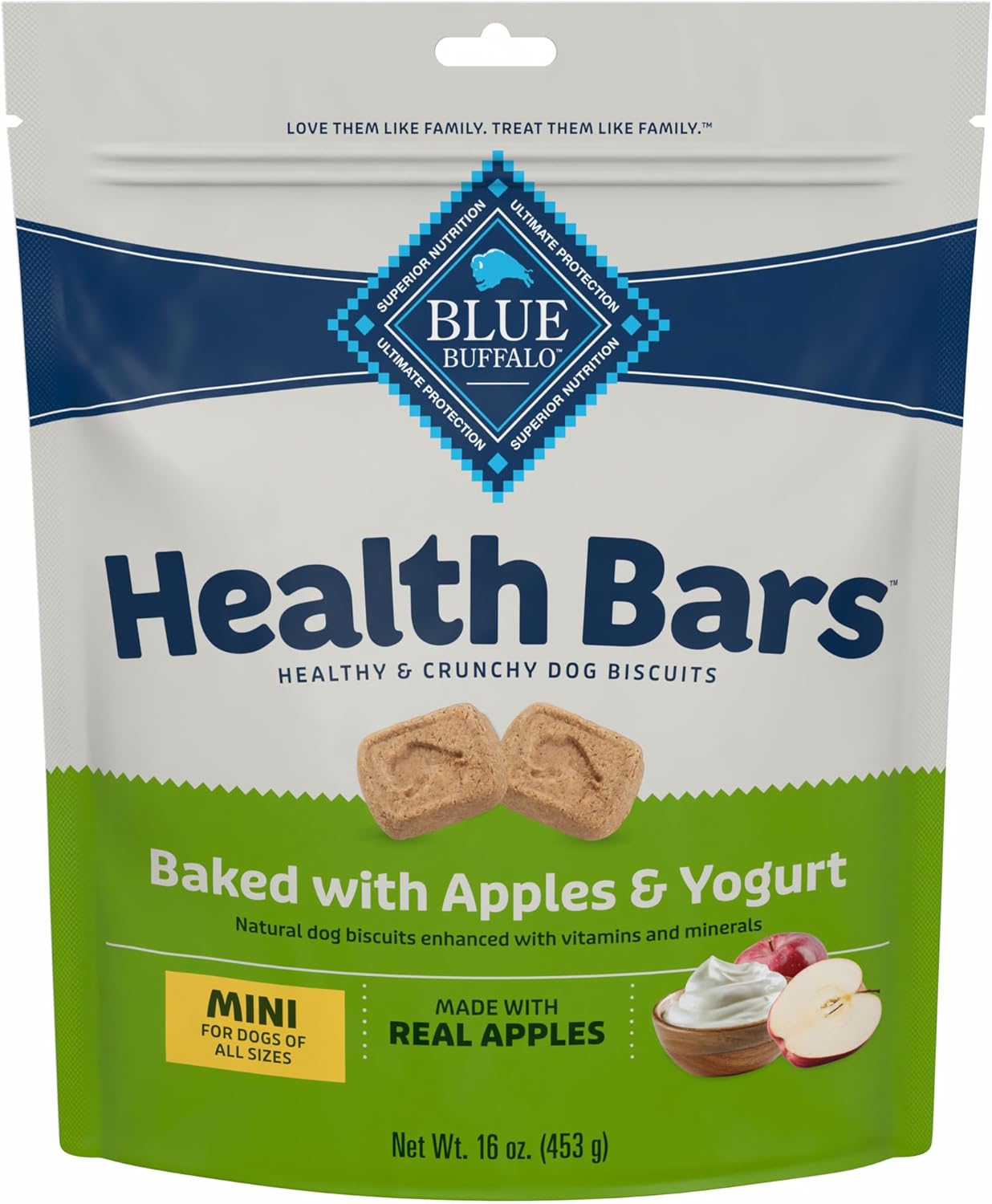 Blue Buffalo Health Bars Mini Crunchy Dog Biscuits, Oven-Baked with Natural Ingredients, Apples & Yogurt, 16-oz Bag Blue Buffalo Health Bars Mini Crunchy Dog Biscuits, Oven-Baked with Natural Ingredients, Apples & Yogurt, 16-oz Bag