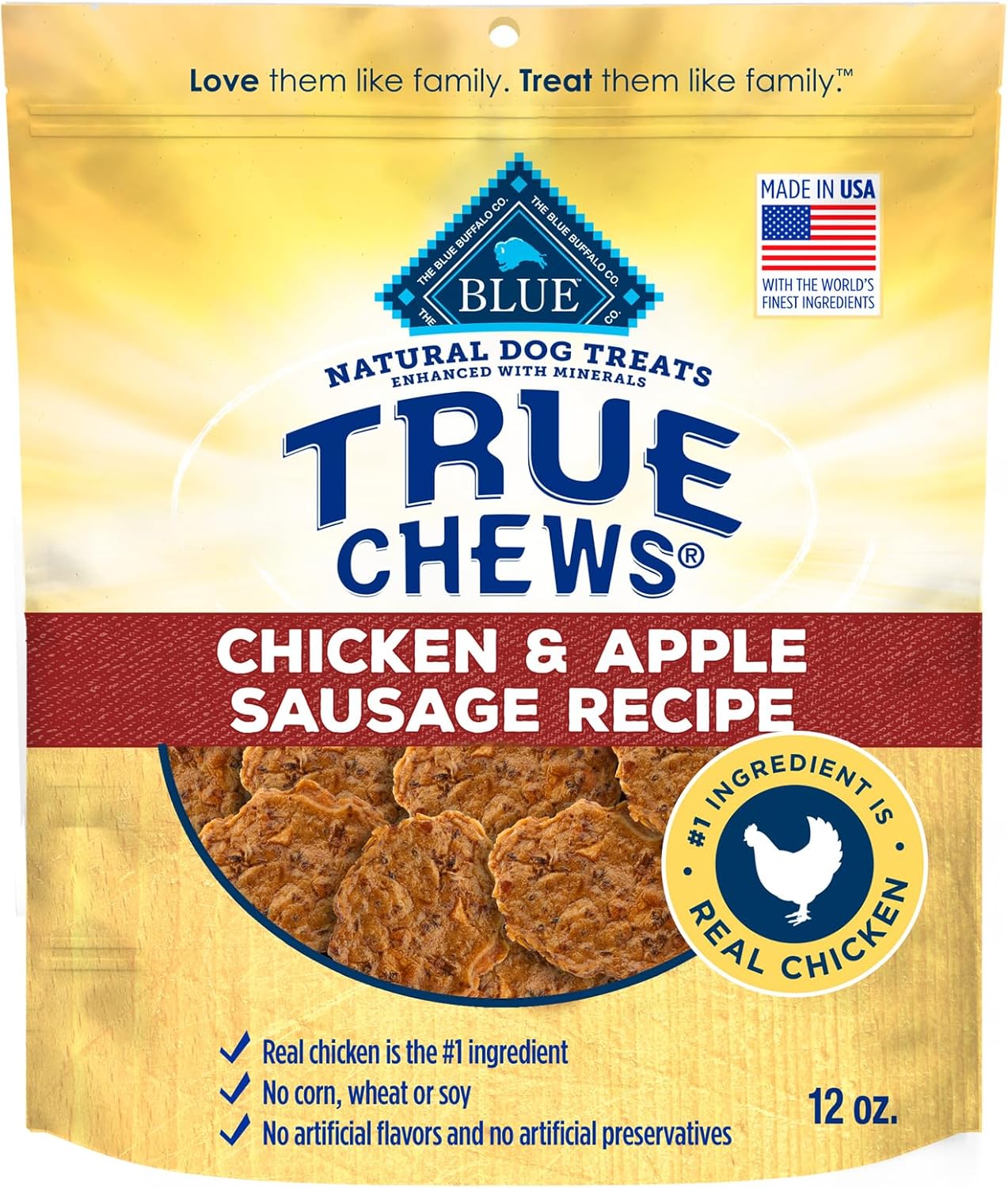 Blue Buffalo True Chews Dog Treats, Made in the USA with Natural Ingredients, Chicken and Apple Sausage Recipe, 12-oz Bag Blue Buffalo True Chews Dog Treats, Made in the USA with Natural Ingredients, Chicken and Apple Sausage Recipe, 12-oz Bag