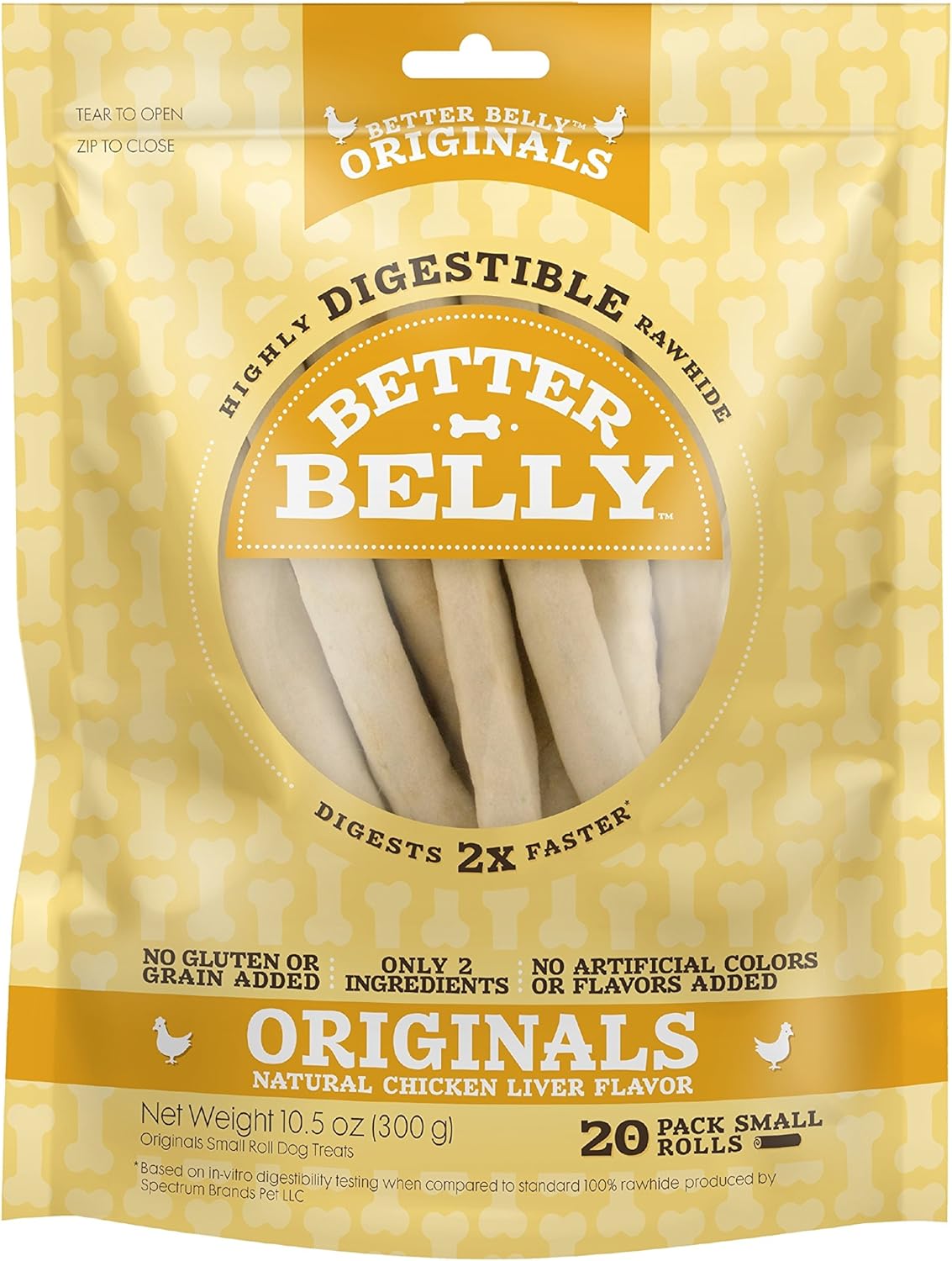 Better Belly Originals Natural Chicken Liver Flavor Small Rolls Highly Digestible Rawhide Dog Chew, 20 Count Better Belly Originals Natural Chicken Liver Flavor Small Rolls Highly Digestible Rawhide Dog Chew, 20 Count