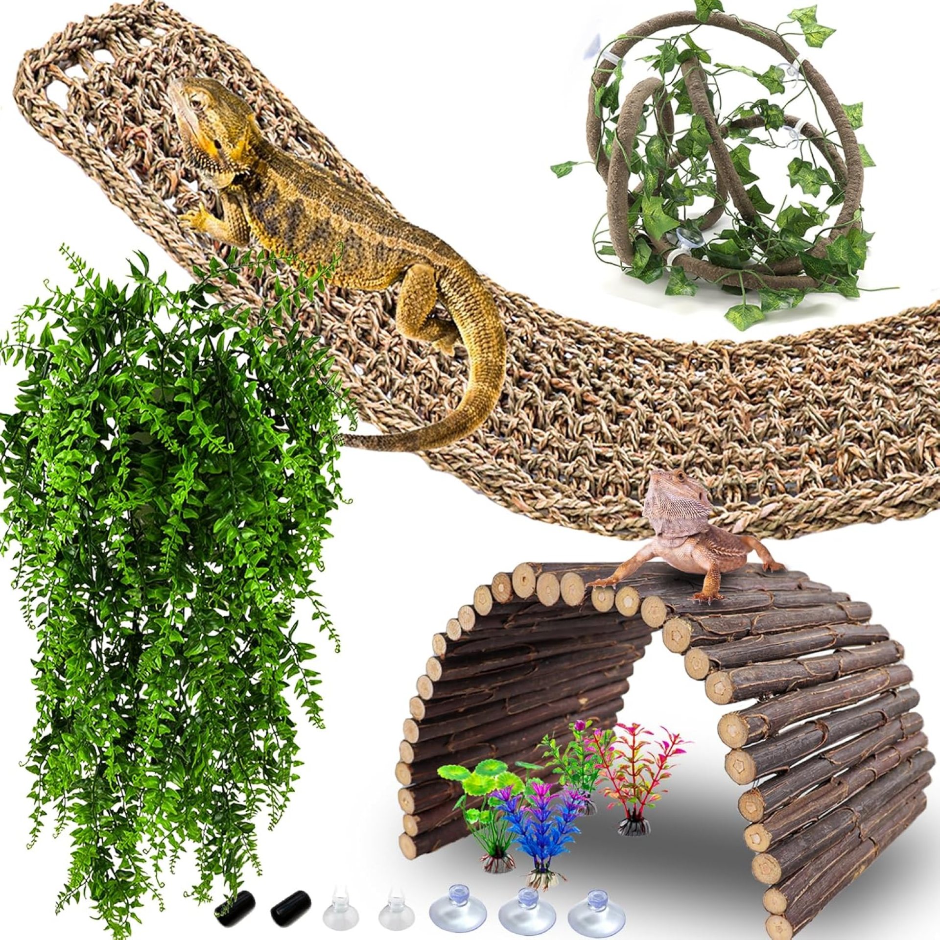 HERCOCCI Bearded Dragon Tank Accessories, Large Reptile Bridge Hammock Flexible – Jungle Climbing Vines and Leaves with Suction Cups Habitat Décor for Hiding& Climbing Snake Gecko Lizard Chameleon HERCOCCI Bearded Dragon Tank Accessories, Large Reptile Bridge Hammock Flexible – Jungle Climbing Vines and Leaves with Suction Cups Habitat Décor for Hiding& Climbing Snake Gecko Lizard Chameleon