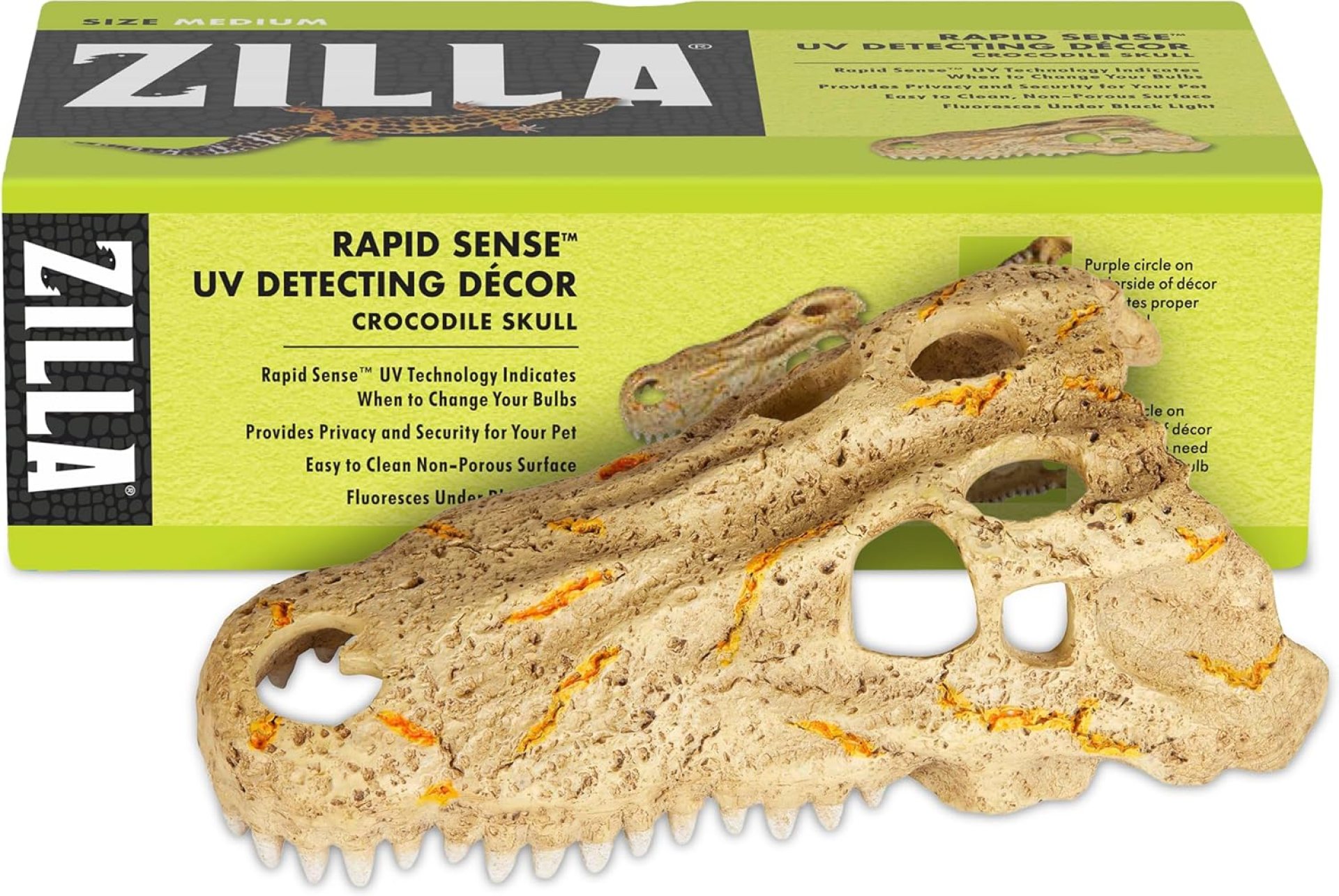 Zilla Rapid Sense UV Detecting Pet Reptile Terrarium Décor, Detects UVB Levels, Crocodile Skull, Medium Zilla Rapid Sense UV Detecting Pet Reptile Terrarium Décor, Detects UVB Levels, Crocodile Skull, Medium