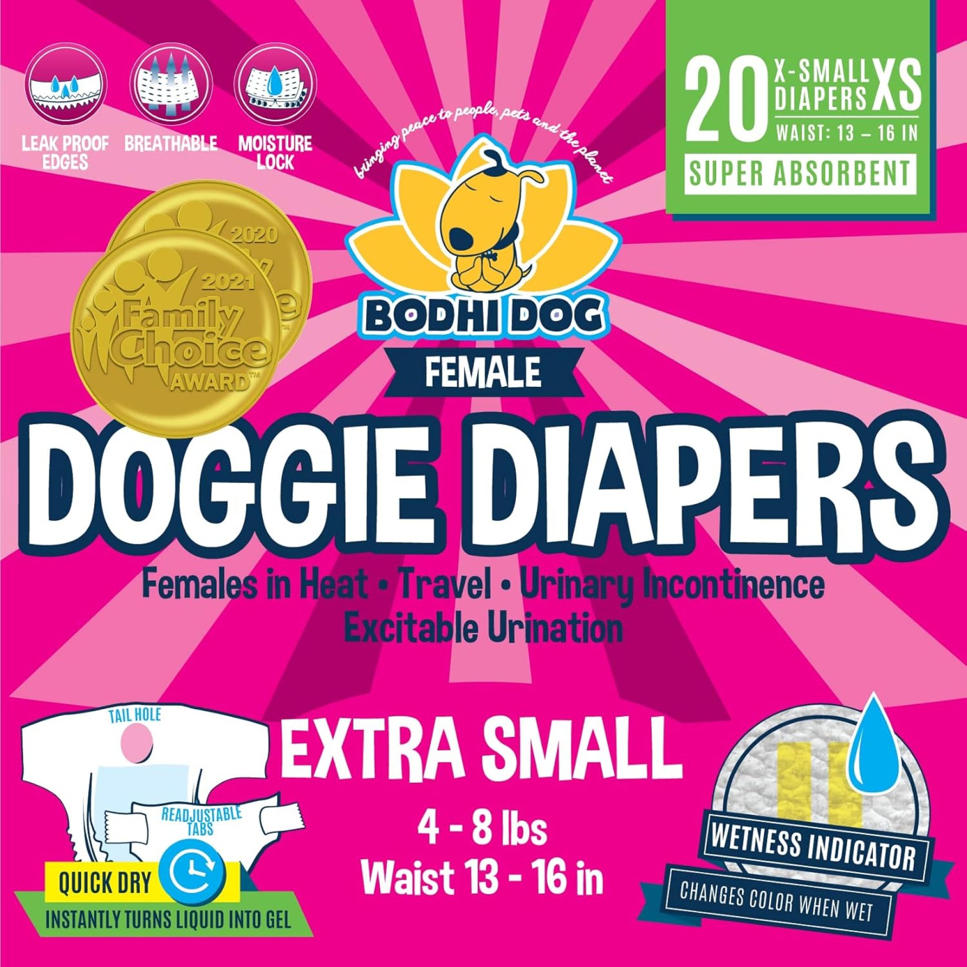 Bodhi Dog Disposable Female Dog Diapers – Super Absorbent Dog Diapers for Female Heat Cycle – Adjustable Fit Pee Wraps for Potty Training, Moisture Control & Wetness Indicator – Extra Small (20 Count) Bodhi Dog Disposable Female Dog Diapers – Super Absorbent Dog Diapers for Female Heat Cycle – Adjustable Fit Pee Wraps for Potty Training, Moisture Control & Wetness Indicator – Extra Small (20 Count)
