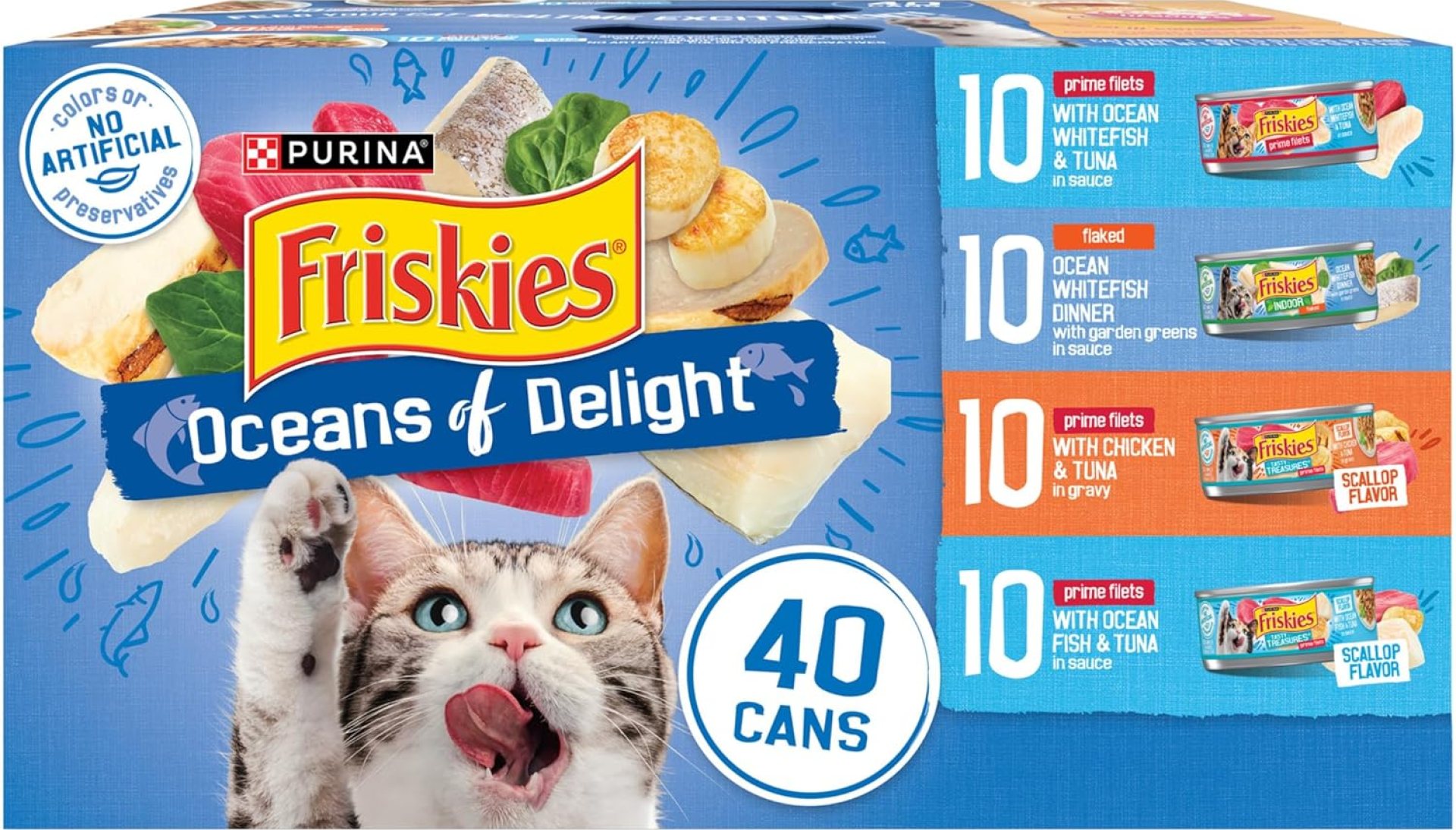 Purina Friskies Wet Cat Food Variety Pack, Oceans of Delight Flaked and Prime Filets – (Pack of 40) 5.5 oz. Cans Purina Friskies Wet Cat Food Variety Pack, Oceans of Delight Flaked and Prime Filets – (Pack of 40) 5.5 oz. Cans