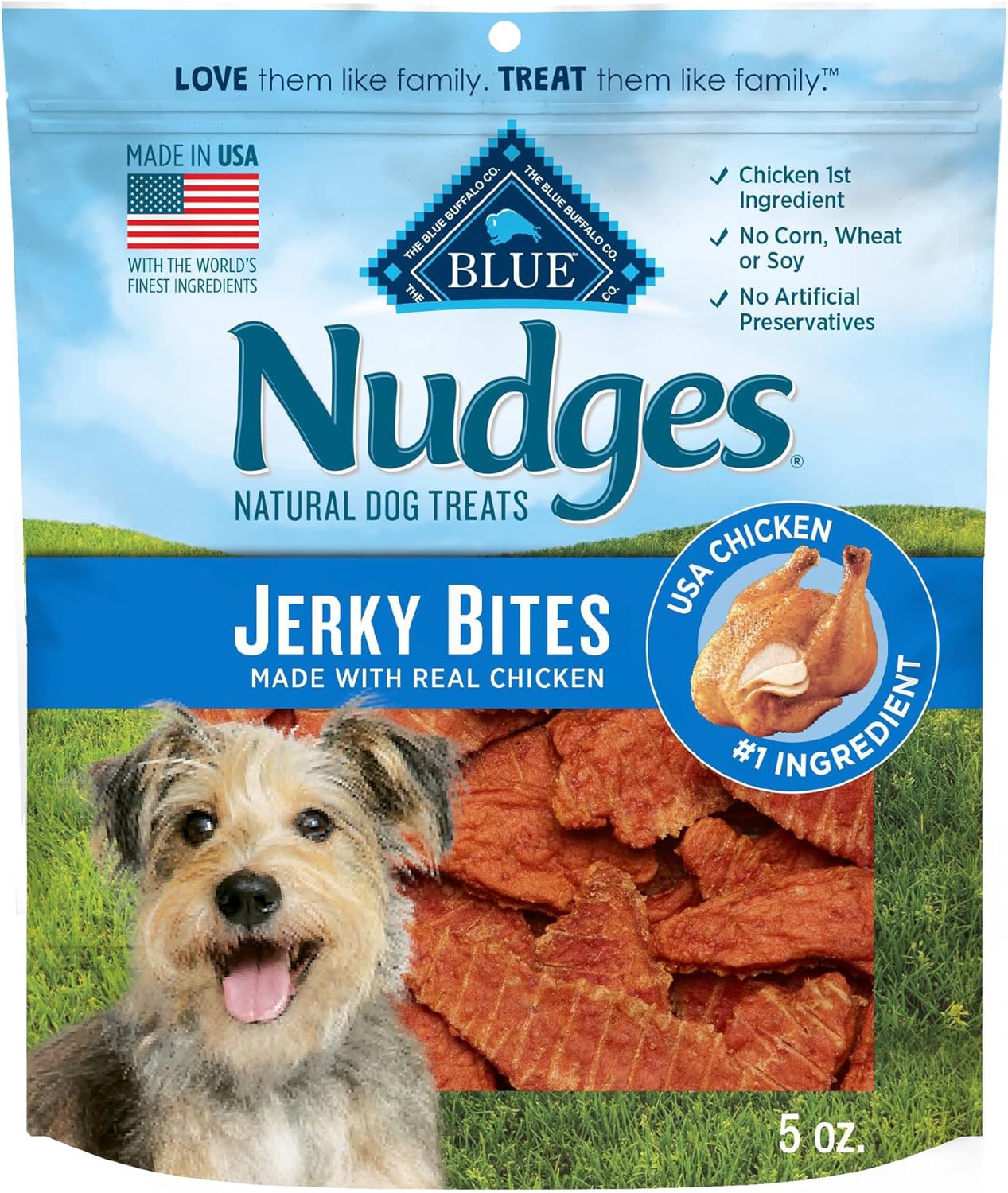 Blue Buffalo Nudges Jerky Bites Dog Treats, Made in the USA with Natural Ingredients, Bite-Sized Pieces, Chicken, 5-oz Bag Blue Buffalo Nudges Jerky Bites Dog Treats, Made in the USA with Natural Ingredients, Bite-Sized Pieces, Chicken, 5-oz Bag