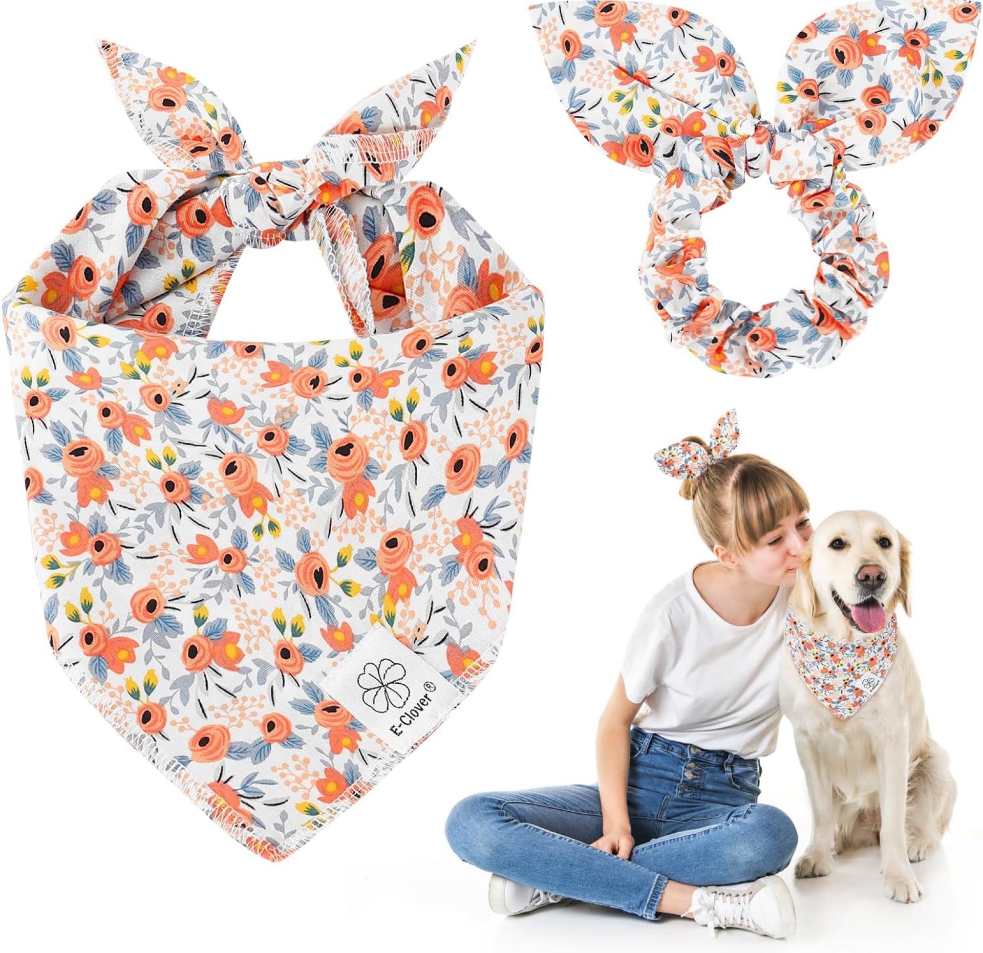 E-Clover Dog Bandanas & Matching Scrunchie Set Cute Flower Dog Scarf Bibs Girl Pet Bandana with Bow Tie for Medium Large Dogs Owner Mom Spring E-Clover Dog Bandanas & Matching Scrunchie Set Cute Flower Dog Scarf Bibs Girl Pet Bandana with Bow Tie for Medium Large Dogs Owner Mom Spring