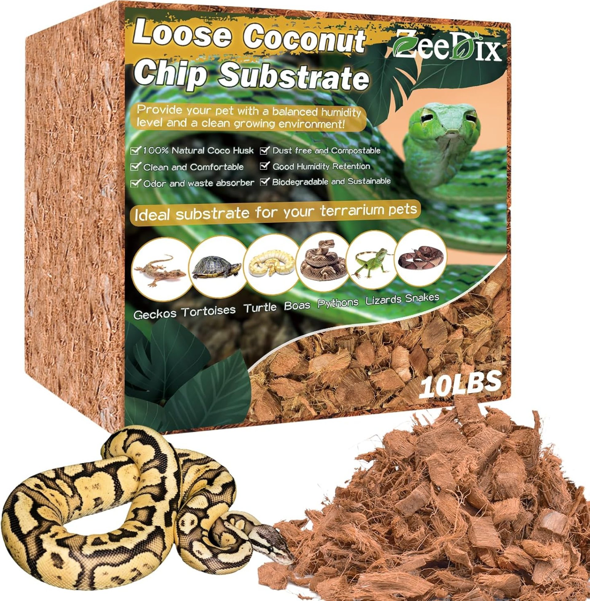 ZeeDix 10LB Coco Fiber Chips Substrate for Reptiles, 72 Quart Coconut Fiber Husk Substrate Mulch Coco Chips Bricks Reptiles Bedding for Geckos, Lizards, Tortoises, Ball Python, Frogs ZeeDix 10LB Coco Fiber Chips Substrate for Reptiles, 72 Quart Coconut Fiber Husk Substrate Mulch Coco Chips Bricks Reptiles Bedding for Geckos, Lizards, Tortoises, Ball Python, Frogs