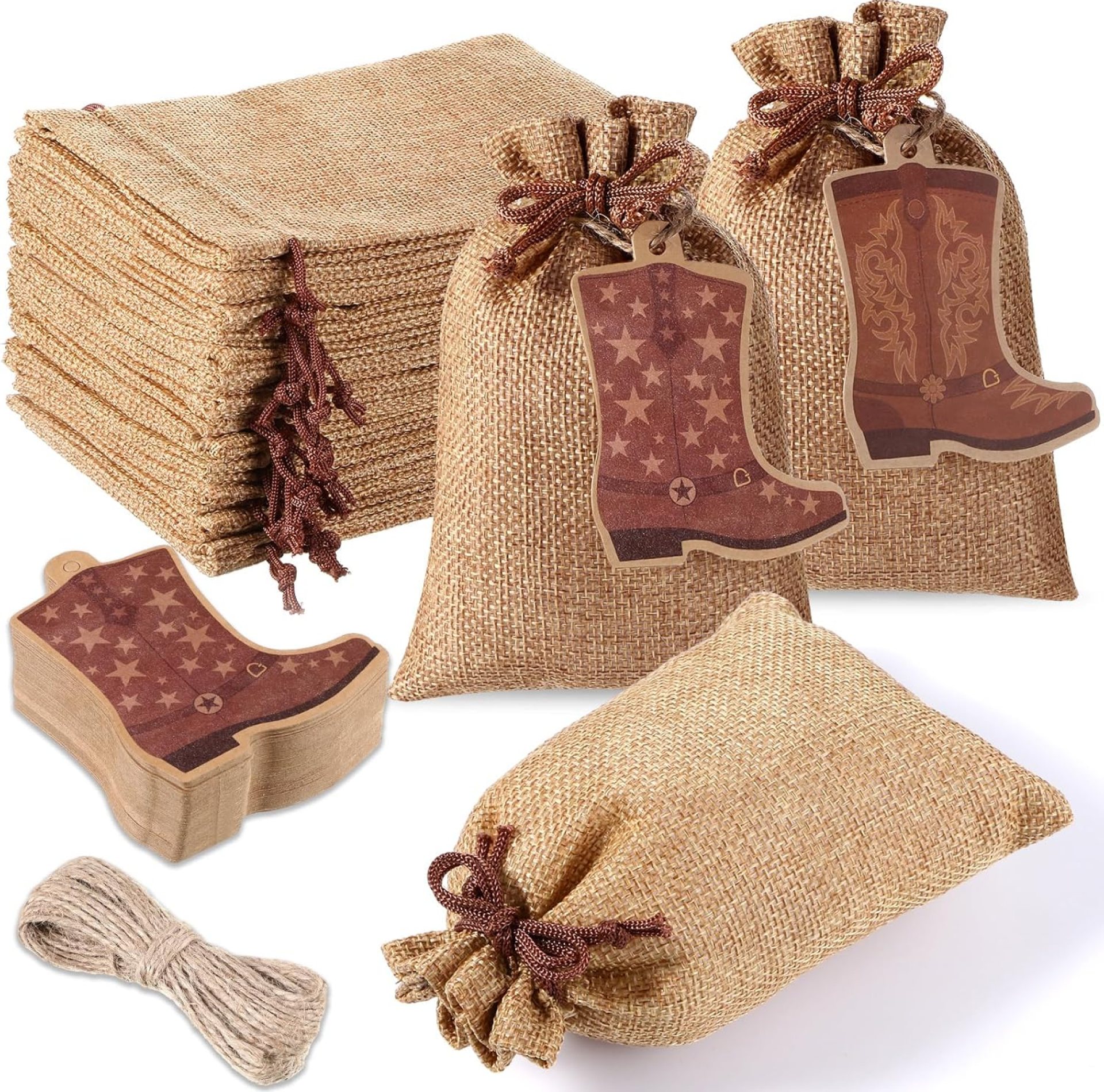 Mooliwe 50 Pcs Burlap Drawstring Bags with Boot Shape Tags, Western Cowgirl Sacks Bulk 4 x 6 Inches Reusable Burlap Candy Pouch for Cowboy Baby Shower Wedding Bachelorette Party Supplies(Brown) Mooliwe 50 Pcs Burlap Drawstring Bags with Boot Shape Tags, Western Cowgirl Sacks Bulk 4 x 6 Inches Reusable Burlap Candy Pouch for Cowboy Baby Shower Wedding Bachelorette Party Supplies(Brown)