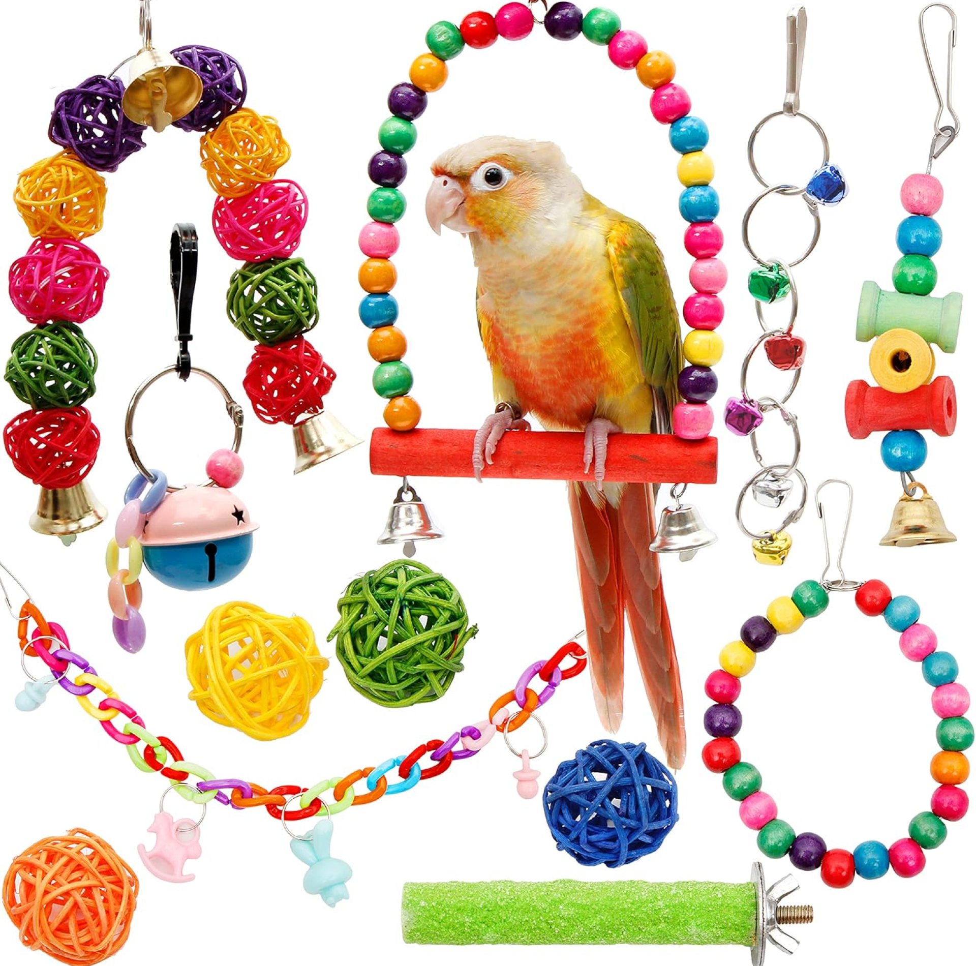 Youngever 12 Packs Bird Swing Toy, Parrot Toys Hanging Bell, Bird Cage Toys for Parrots, Finches, Macaws, Cockatiels Youngever 12 Packs Bird Swing Toy, Parrot Toys Hanging Bell, Bird Cage Toys for Parrots, Finches, Macaws, Cockatiels