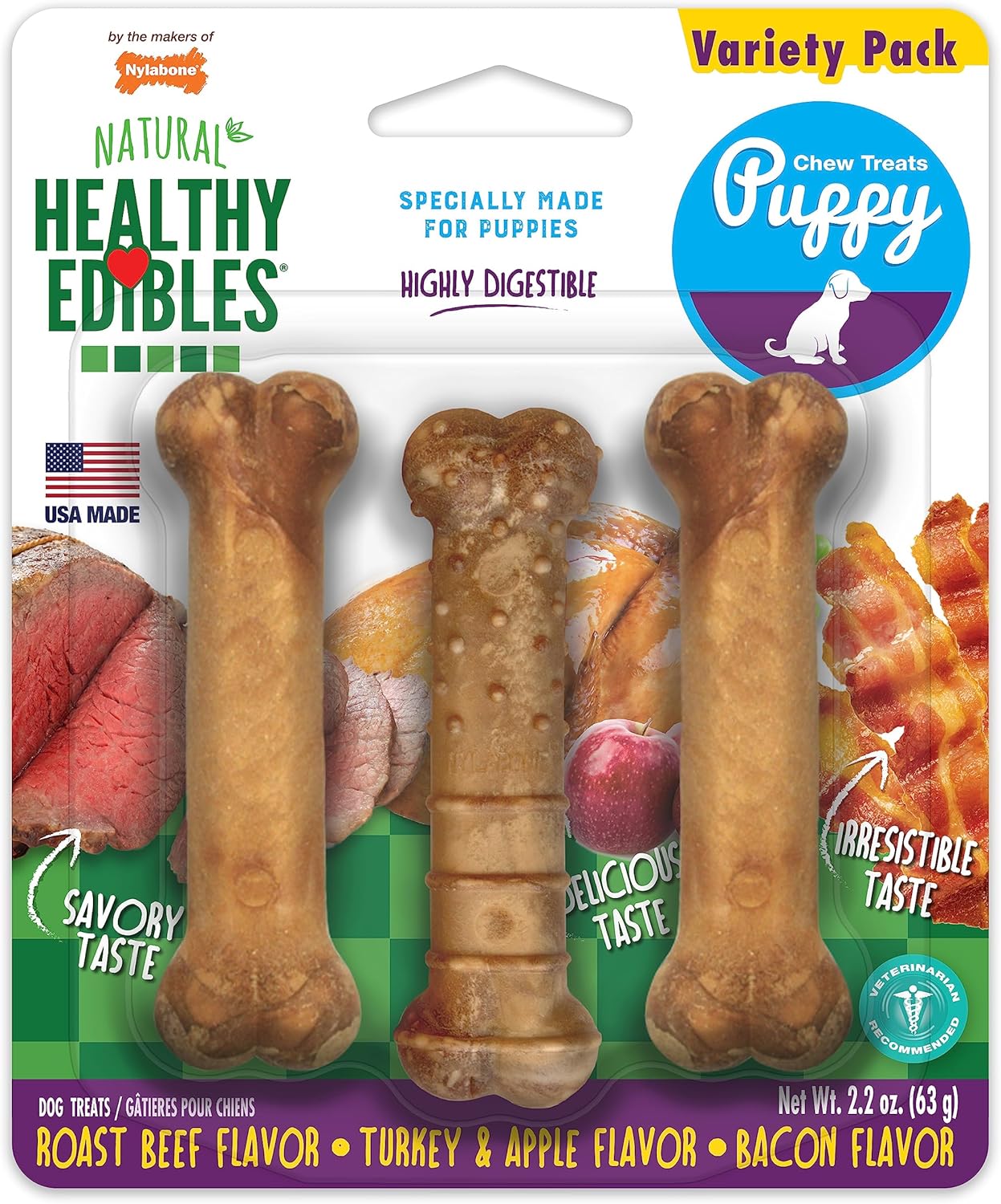 Nylabone Healthy Edibles Natural Puppy Chews Long Lasting Treats for Puppies, Roast Beef, Apple & Bacon Flavor, X-Small/Petite (3 Count) Nylabone Healthy Edibles Natural Puppy Chews Long Lasting Treats for Puppies, Roast Beef, Apple & Bacon Flavor, X-Small/Petite (3 Count)