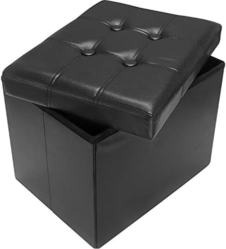 AmasSmile® Storage Ottoman Foot Rest Stool, 17 inch Folding Leather Footstool Bench, Short Store, Books, Records Support 330 lbs, Black AmasSmile® Storage Ottoman Foot Rest Stool, 17 inch Folding Leather Footstool Bench, Short Store, Books, Records Support 330 lbs, Black