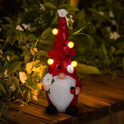 shumi Solar Gnomes Garden Statues Decor Gift Light, Outdoor Gnome Gifts with Solar Ladybug Lights, Yard Art Sculptures Holding Daisy Decorations for Garden Patio Lawn Porch shumi Solar Gnomes Garden Statues Decor Gift Light, Outdoor Gnome Gifts with Solar Ladybug Lights, Yard Art Sculptures Holding Daisy Decorations for Garden Patio Lawn Porch