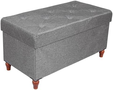 Storage Ottoman with Wooden Legs, Folding Storage Bench for Living Room, 30″ Linen Fabric Ottoman Foot Rest Stool, Dark Grey Storage Ottoman with Wooden Legs, Folding Storage Bench for Living Room, 30″ Linen Fabric Ottoman Foot Rest Stool, Dark Grey