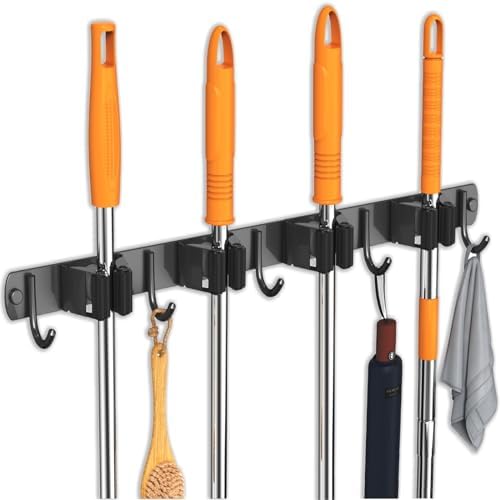 Mop and Broom Holder Wall Mount, Upgraded Broom Organizer Wall Mount, Stainless Steel Broom Hanger Wall Mount for Kitchen Garden Laundry Room Decor(4 Racks with 5 Hooks Black) Mop and Broom Holder Wall Mount, Upgraded Broom Organizer Wall Mount, Stainless Steel Broom Hanger Wall Mount for Kitchen Garden Laundry Room Decor(4 Racks with 5 Hooks Black)