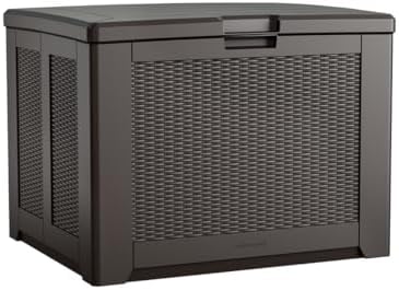 Rubbermaid Medium Resin Outdoor Storage Deck Box, 74 Gal., Brown, Basketweave Pattern, for Home/Garden/Patio/Pool/Back-Yard/Lawn Rubbermaid Medium Resin Outdoor Storage Deck Box, 74 Gal., Brown, Basketweave Pattern, for Home/Garden/Patio/Pool/Back-Yard/Lawn