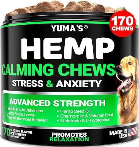 YUMA’S Hemp Calming Chews for Dogs – Advanced Dog Calming Treats – Dog Calming Chews – 170 Chews – Anxiety Relief Treats – Separation Aid, Barking, Stress Relief, Thunderstorms – Melatonin – Hemp Oil YUMA’S Hemp Calming Chews for Dogs – Advanced Dog Calming Treats – Dog Calming Chews – 170 Chews – Anxiety Relief Treats – Separation Aid, Barking, Stress Relief, Thunderstorms – Melatonin – Hemp Oil