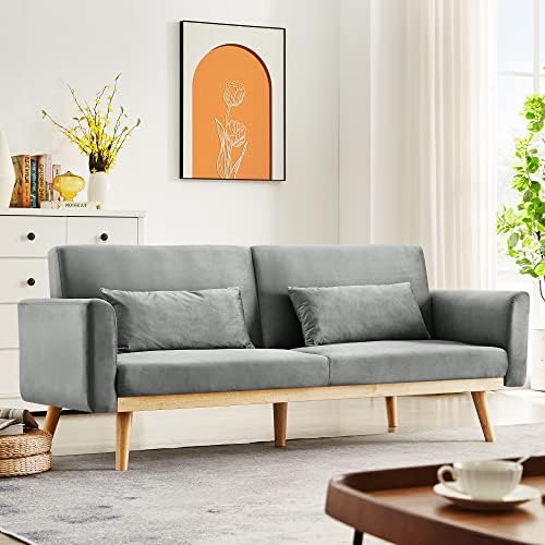 DKLGG Grey Futon Sofa Bed, Velvet Convertible Sofa Couch Sleeper with Wood Legs & 2 Pillows, Upholstered Loveseat for Small Spaces Living Room Bedroom Furniture, 3 Adjustable Positions, Easy Assembly DKLGG Grey Futon Sofa Bed, Velvet Convertible Sofa Couch Sleeper with Wood Legs & 2 Pillows, Upholstered Loveseat for Small Spaces Living Room Bedroom Furniture, 3 Adjustable Positions, Easy Assembly