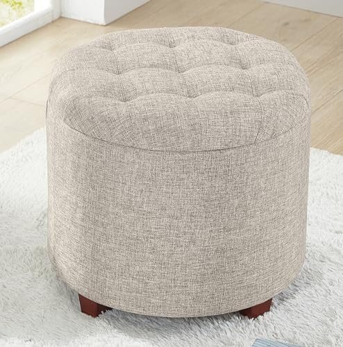 Ornavo Home Decor Round Ottoman with Storage, Round Vanity Chair Stool Ottoman Pouf with Storage for Living Room and Bedroom, Linen Beige Ornavo Home Decor Round Ottoman with Storage, Round Vanity Chair Stool Ottoman Pouf with Storage for Living Room and Bedroom, Linen Beige