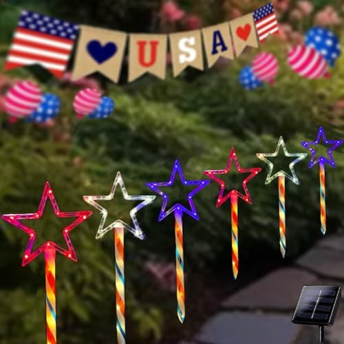 4th of July Decorations Red White and Blue Lights Outdoor Solar Lights for Yard, Star Lights 6 Pcs, 14 FT 90 LED Waterproof Landscape Path Lights, Patriotic Decor Independence Day Decorations for Home 4th of July Decorations Red White and Blue Lights Outdoor Solar Lights for Yard, Star Lights 6 Pcs, 14 FT 90 LED Waterproof Landscape Path Lights, Patriotic Decor Independence Day Decorations for Home